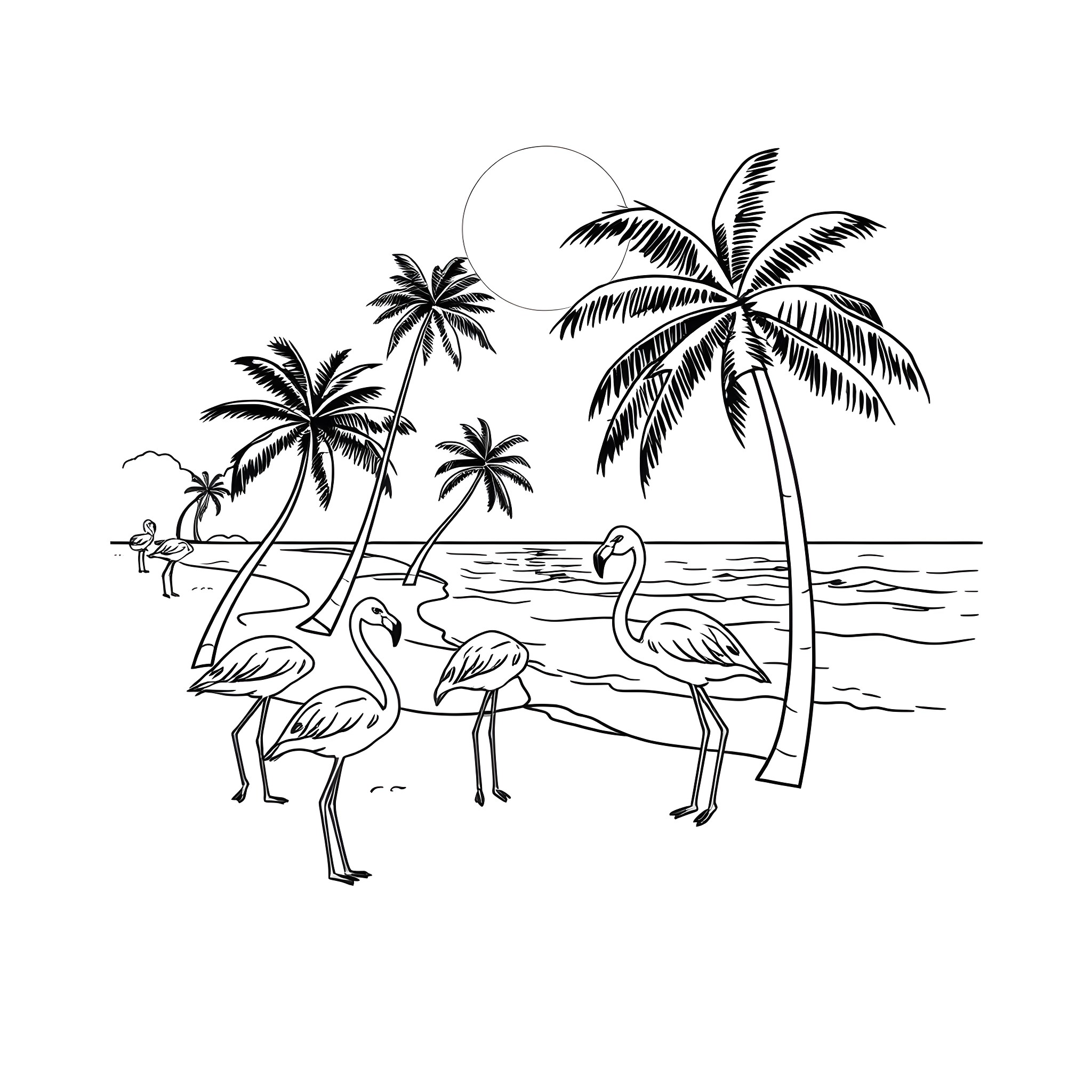 Flamingos strolling near palm trees on the beach Coloring Page (free black-and-white line drawing printable PDF for all, from beginners to advanced learners, including children, teens, adults, and seniors)