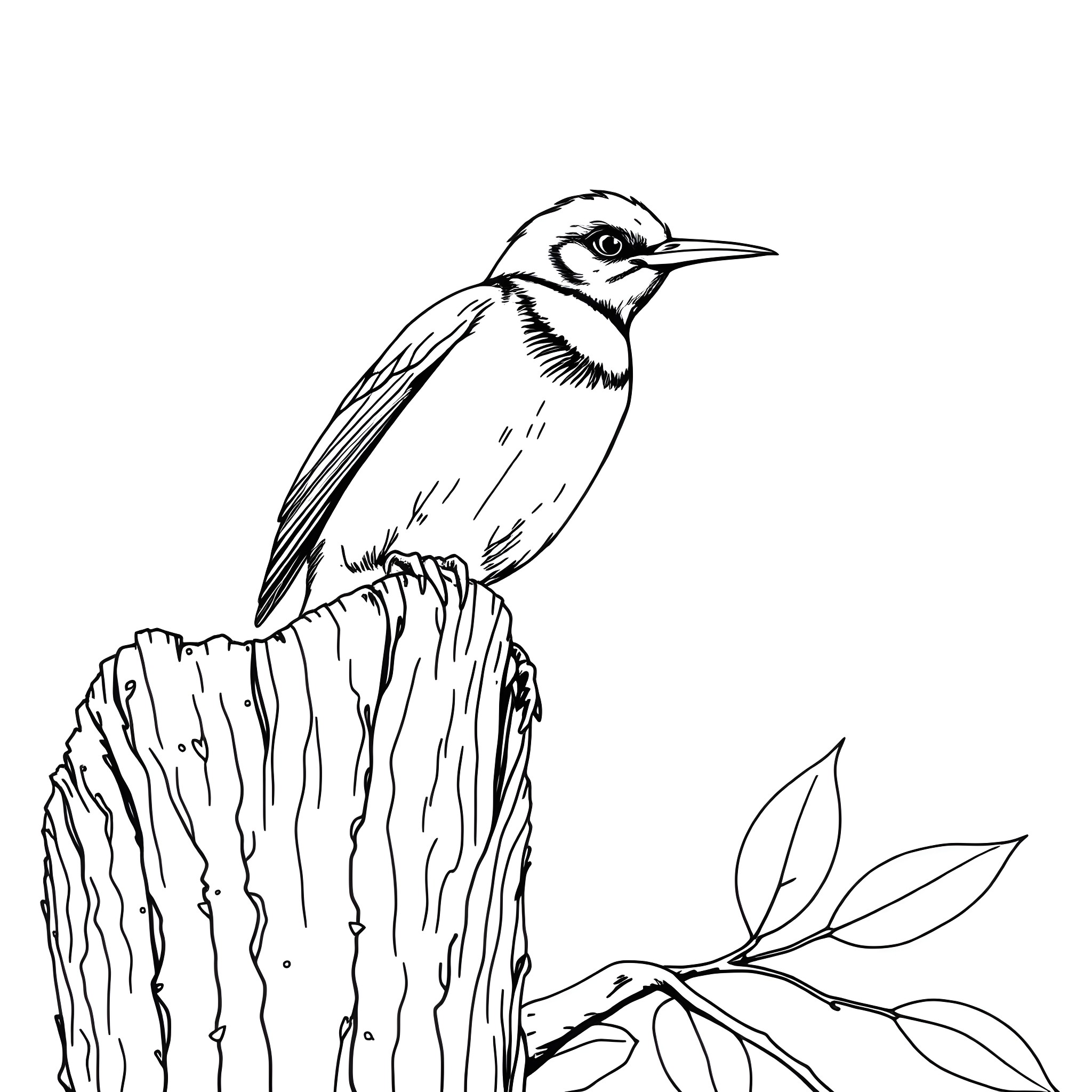 Oriole perching on a tree branch Coloring Page (free black-and-white line drawing printable PDF for all, from beginners to advanced learners, including children, teens, adults, and seniors)