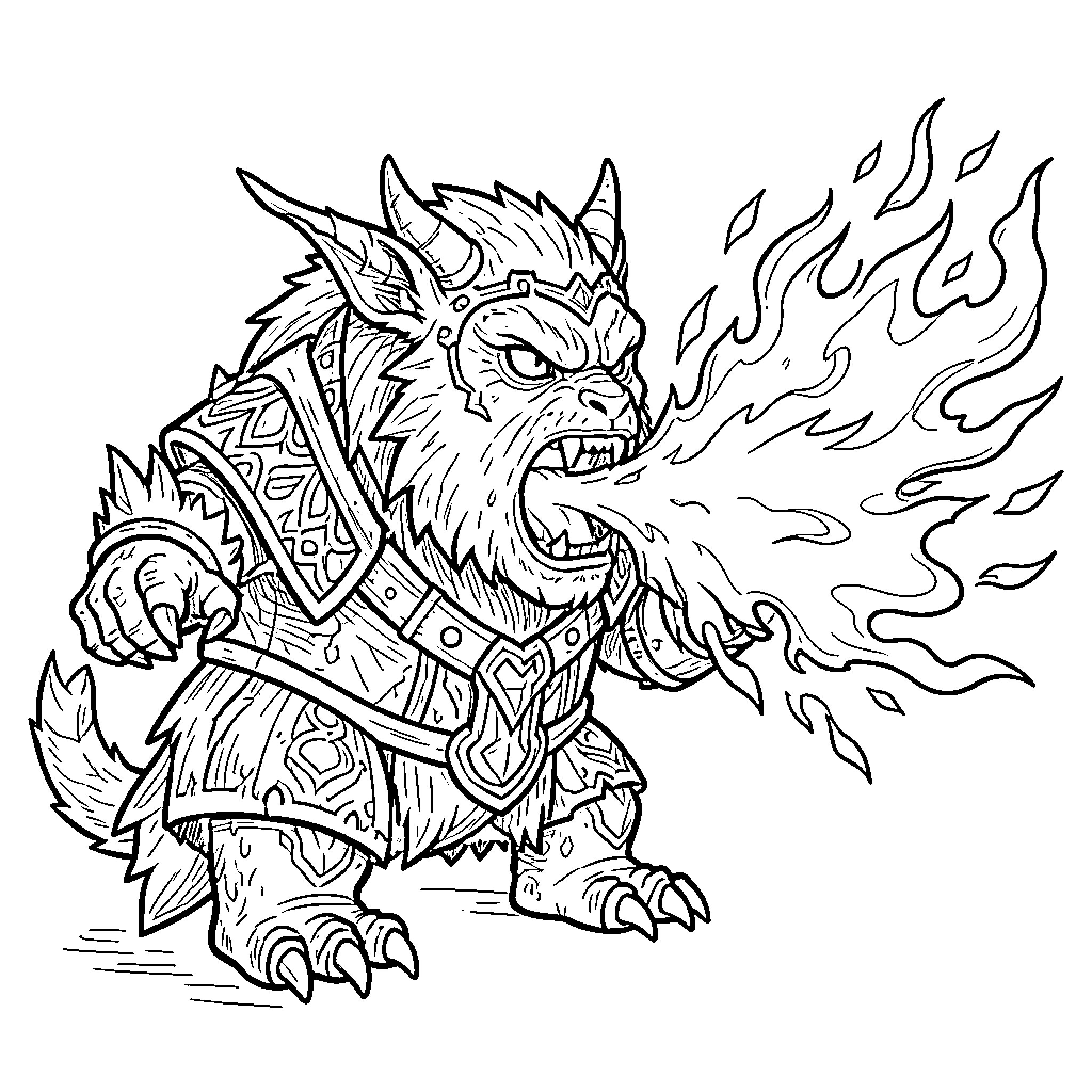 Grimoria fierce monster breathing intense flames Coloring Page (free black-and-white line drawing printable PDF for all, from beginners to advanced learners, including children, teens, adults, and seniors)