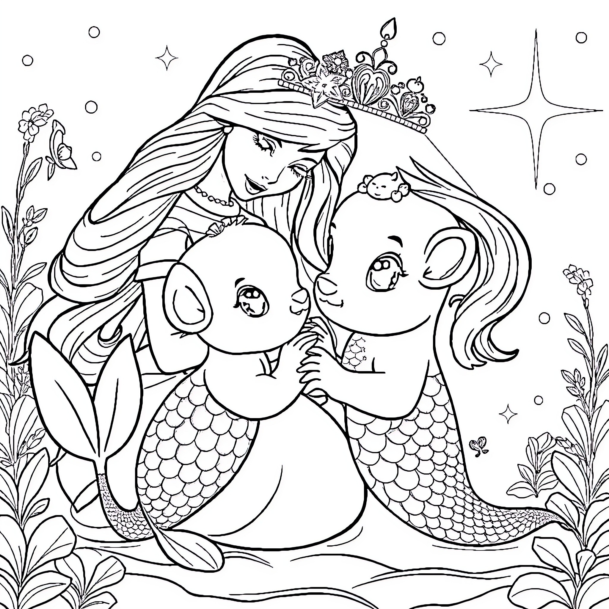 Princess Mermaids Embracing in Enchanted Underwater Scene Coloring Page (free black-and-white line drawing printable PDF for all, from beginners to advanced learners, including children, teens, adults, and seniors)