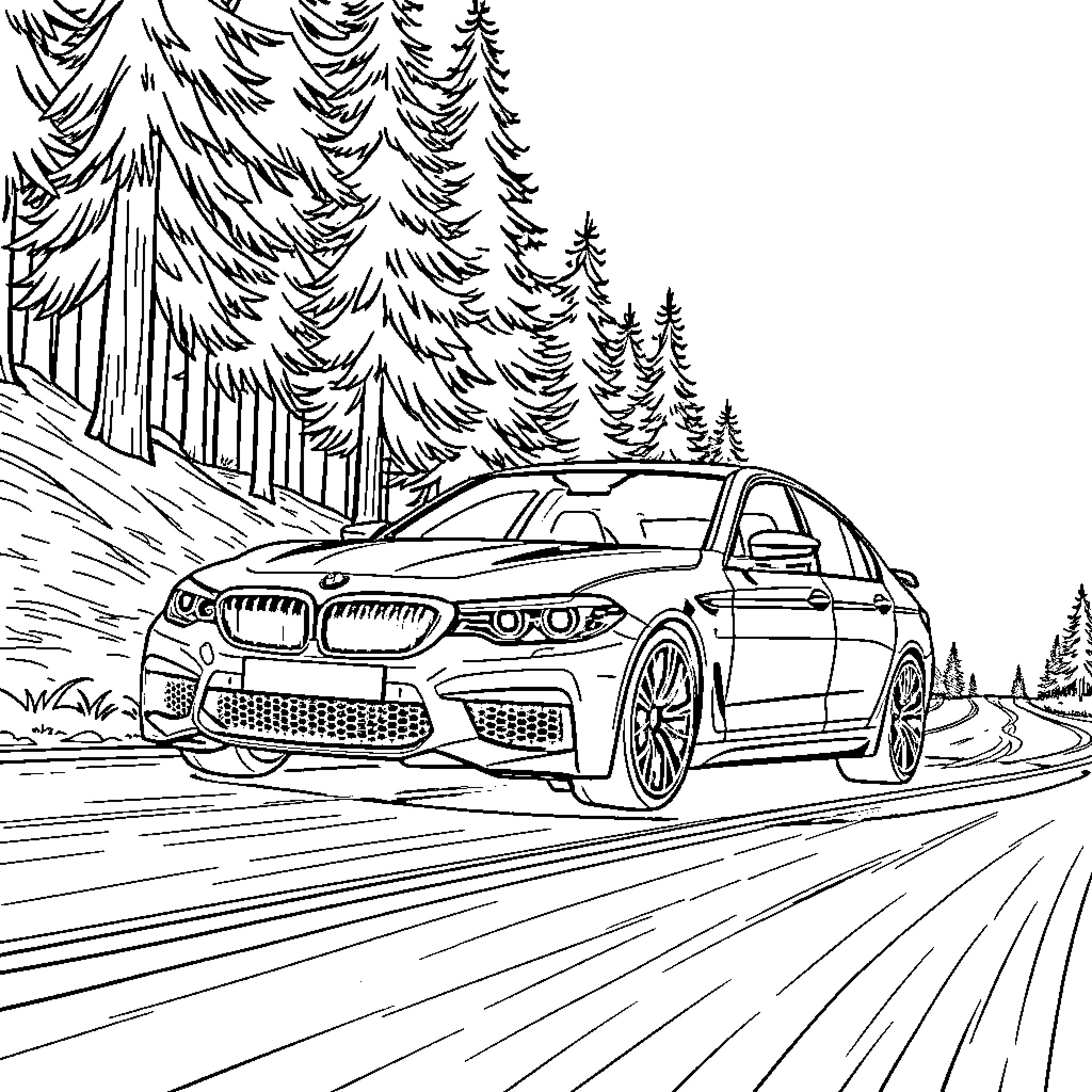 BMW M5 driving on a scenic forest road Coloring Page (free black-and-white line drawing printable PDF for all, from beginners to advanced learners, including children, teens, adults, and seniors)