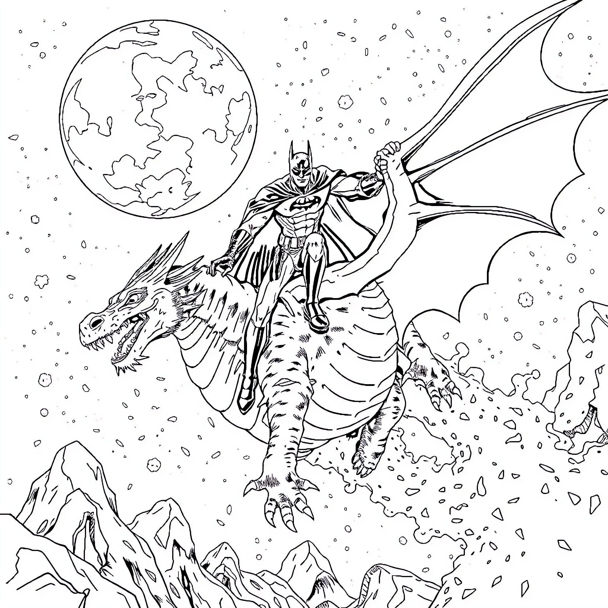Batman riding a dragon over a snowy landscape Coloring Page (free black-and-white line drawing printable PDF for all, from beginners to advanced learners, including children, teens, adults, and seniors)