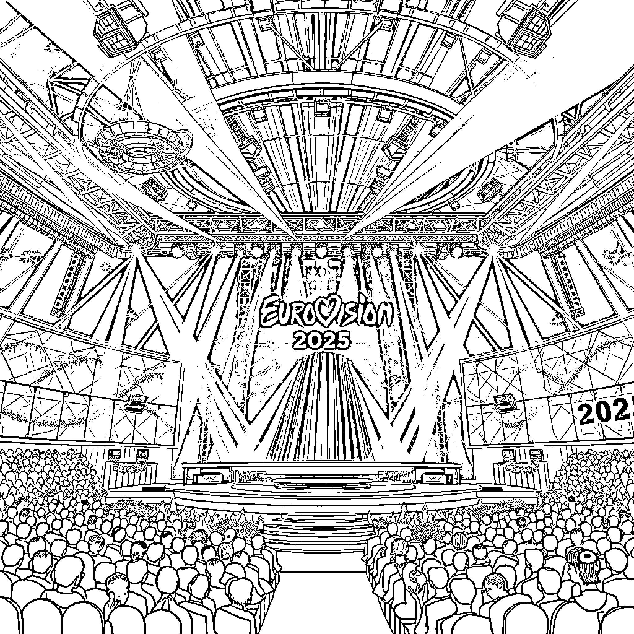 Eurovision 2023 stage with elaborate lighting and audience Coloring Page (free black-and-white line drawing printable PDF for all, from beginners to advanced learners, including children, teens, adults, and seniors)