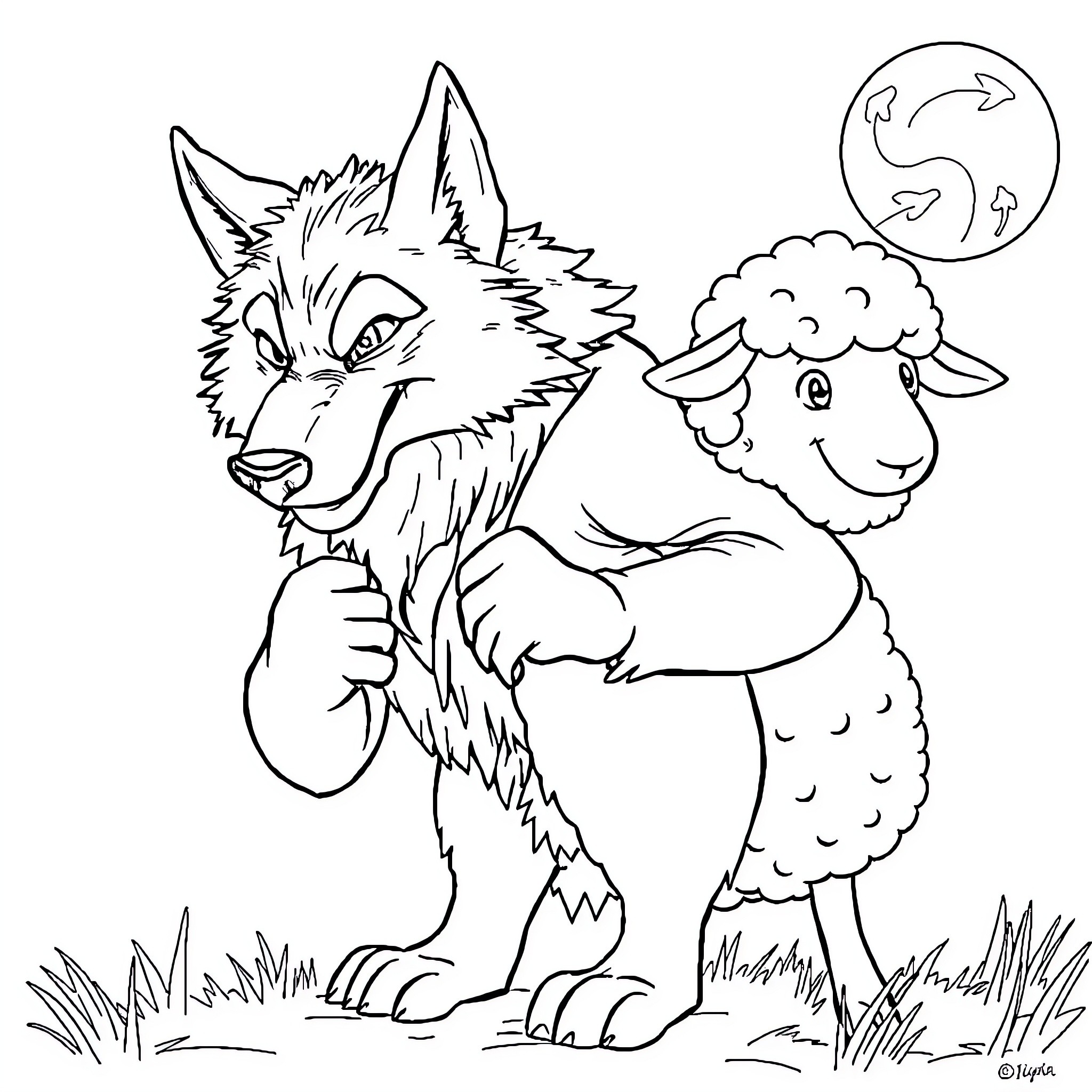 Wolf cuddling with a sheep under the moon Coloring Page (free black-and-white line drawing printable PDF for all, from beginners to advanced learners, including children, teens, adults, and seniors)