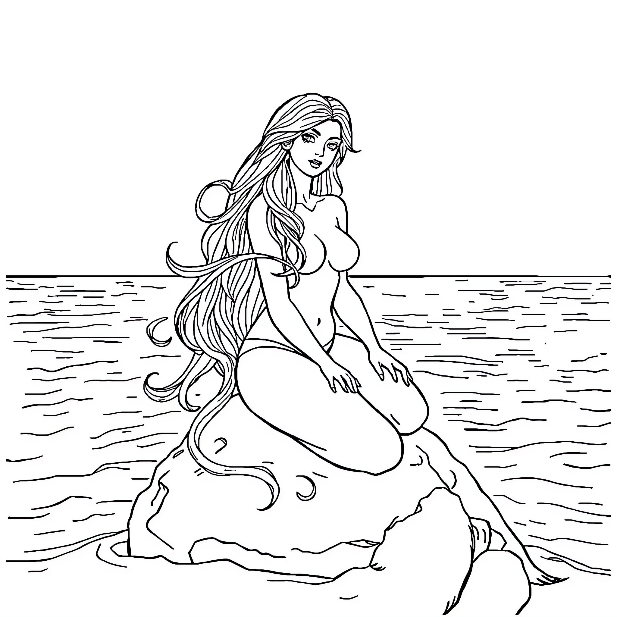 Siren sitting on a rock in the ocean Coloring Page (free black-and-white line drawing printable PDF for all, from beginners to advanced learners, including children, teens, adults, and seniors)