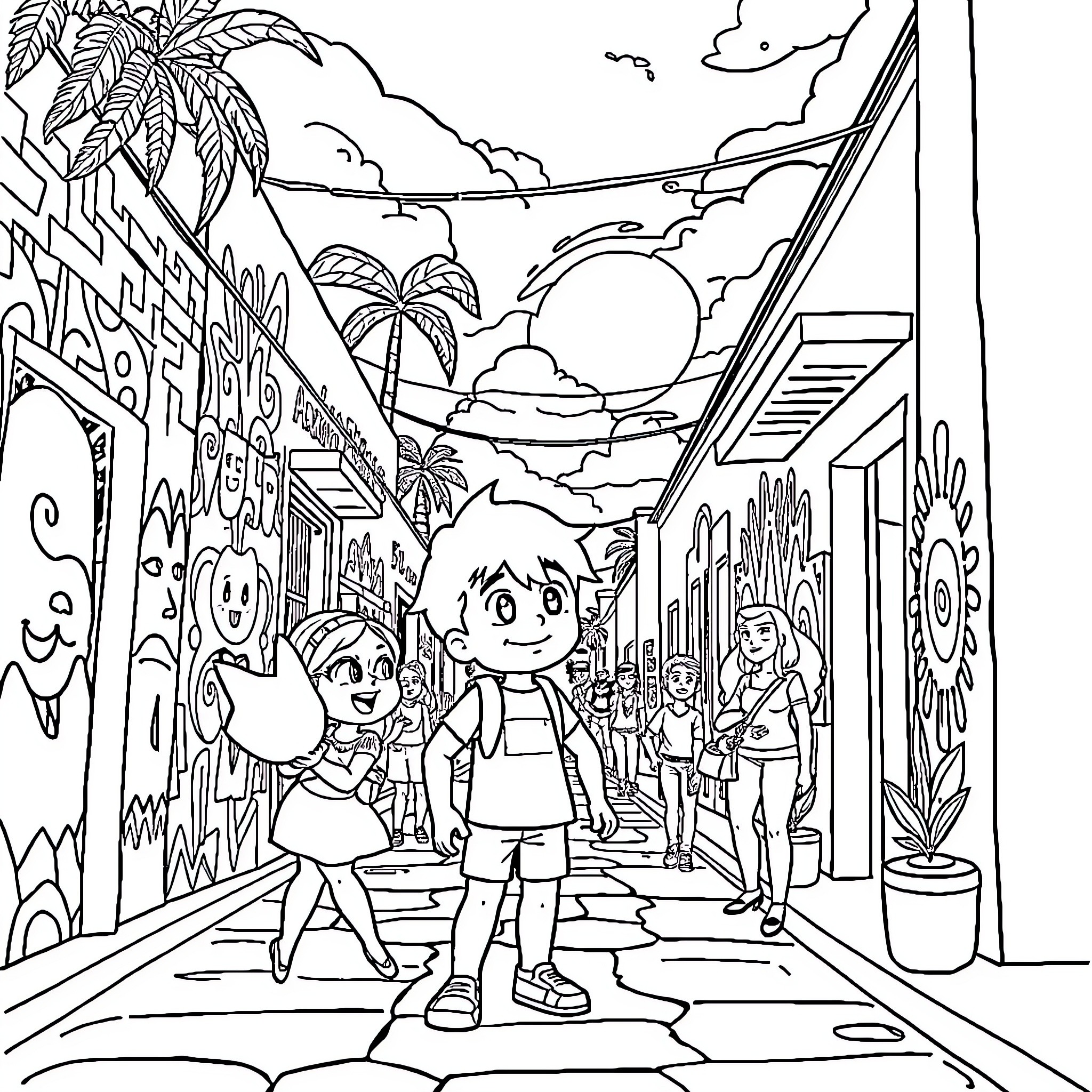 Steven Universe exploring a vibrant seaside town Coloring Page (free black-and-white line drawing printable PDF for all, from beginners to advanced learners, including children, teens, adults, and seniors)