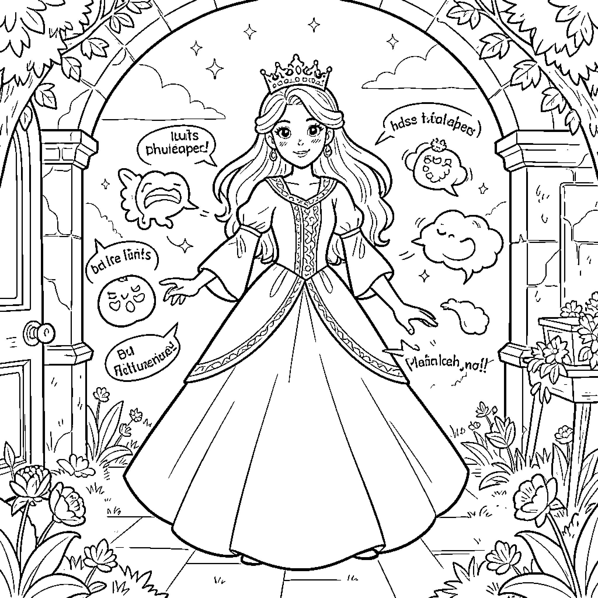 Princess surrounded by magical floating speech bubbles Coloring Page (free black-and-white line drawing printable PDF for all, from beginners to advanced learners, including children, teens, adults, and seniors)