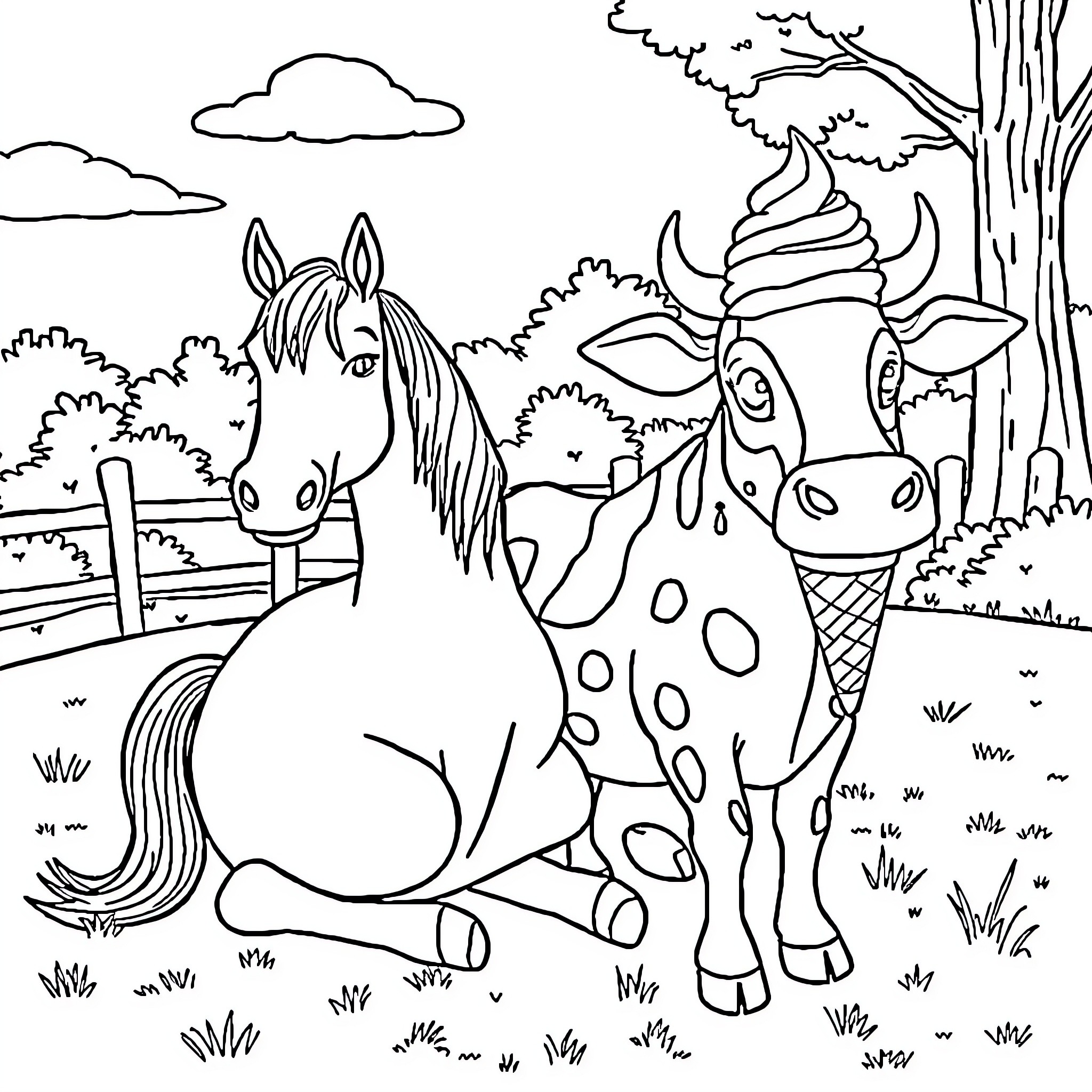 Horse enjoying a day in the countryside Coloring Page (free black-and-white line drawing printable PDF for all, from beginners to advanced learners, including children, teens, adults, and seniors)