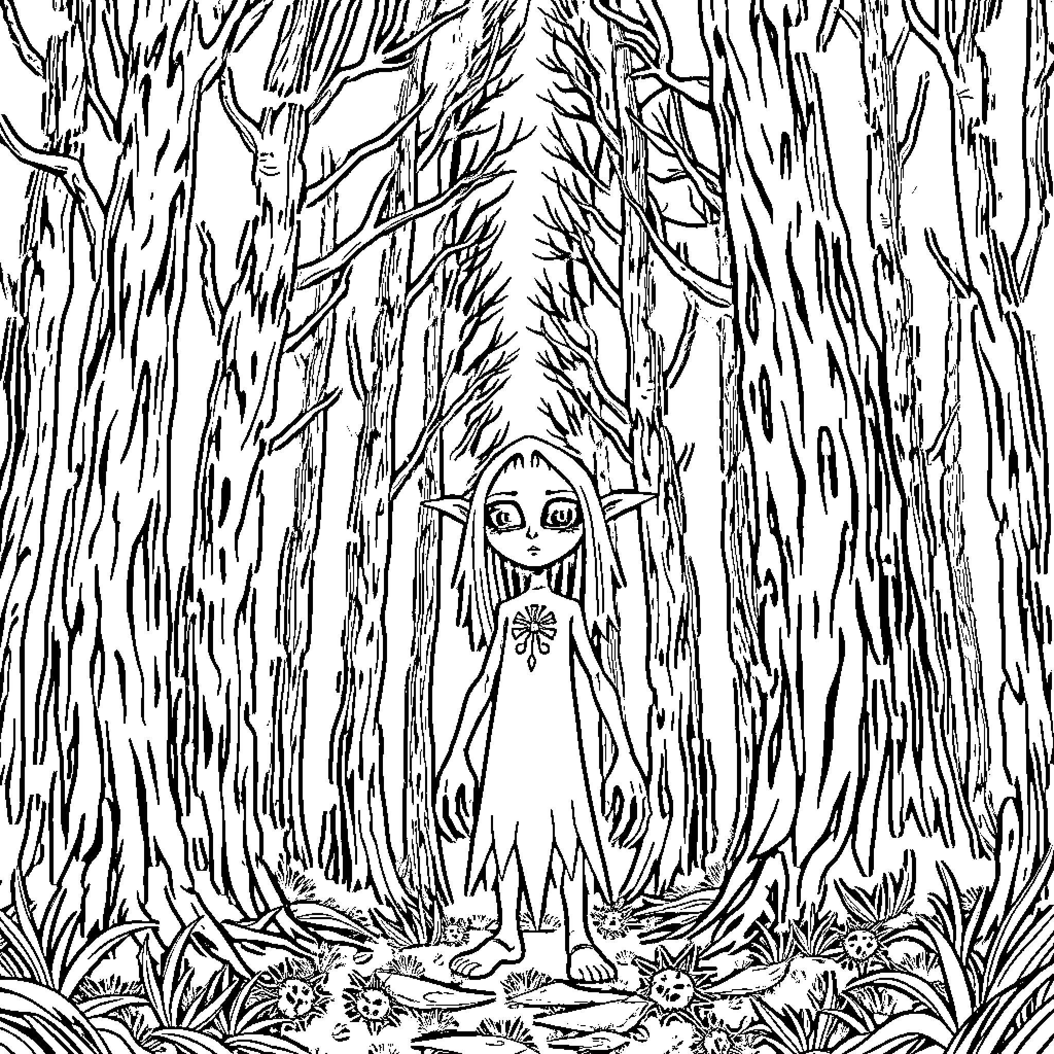 Maleficent standing alone in a dense forest Coloring Page (free black-and-white line drawing printable PDF for all, from beginners to advanced learners, including children, teens, adults, and seniors)