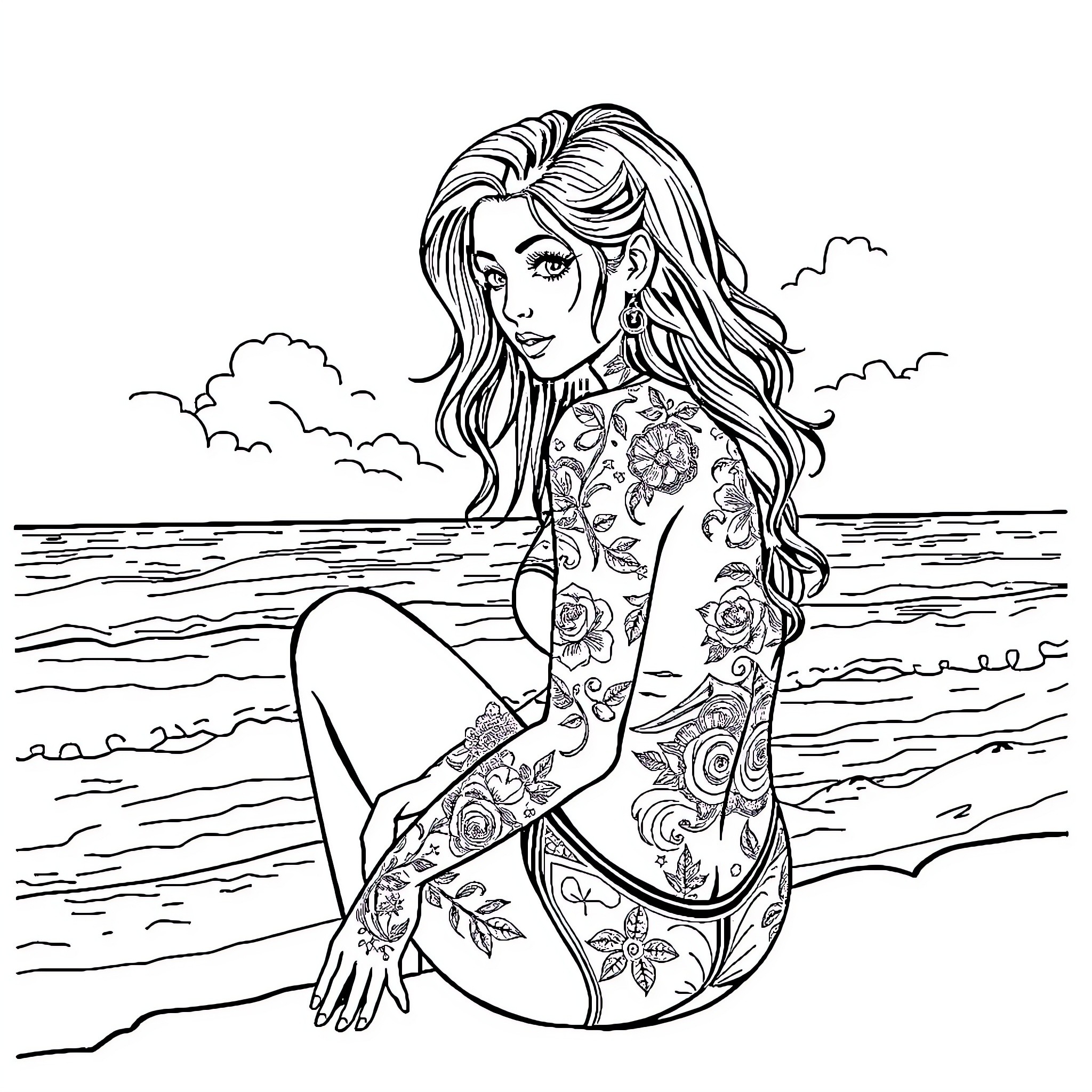 Tattooed Girl Admiring the Scenic Seascape Coloring Page (free black-and-white line drawing printable PDF for all, from beginners to advanced learners, including children, teens, adults, and seniors)