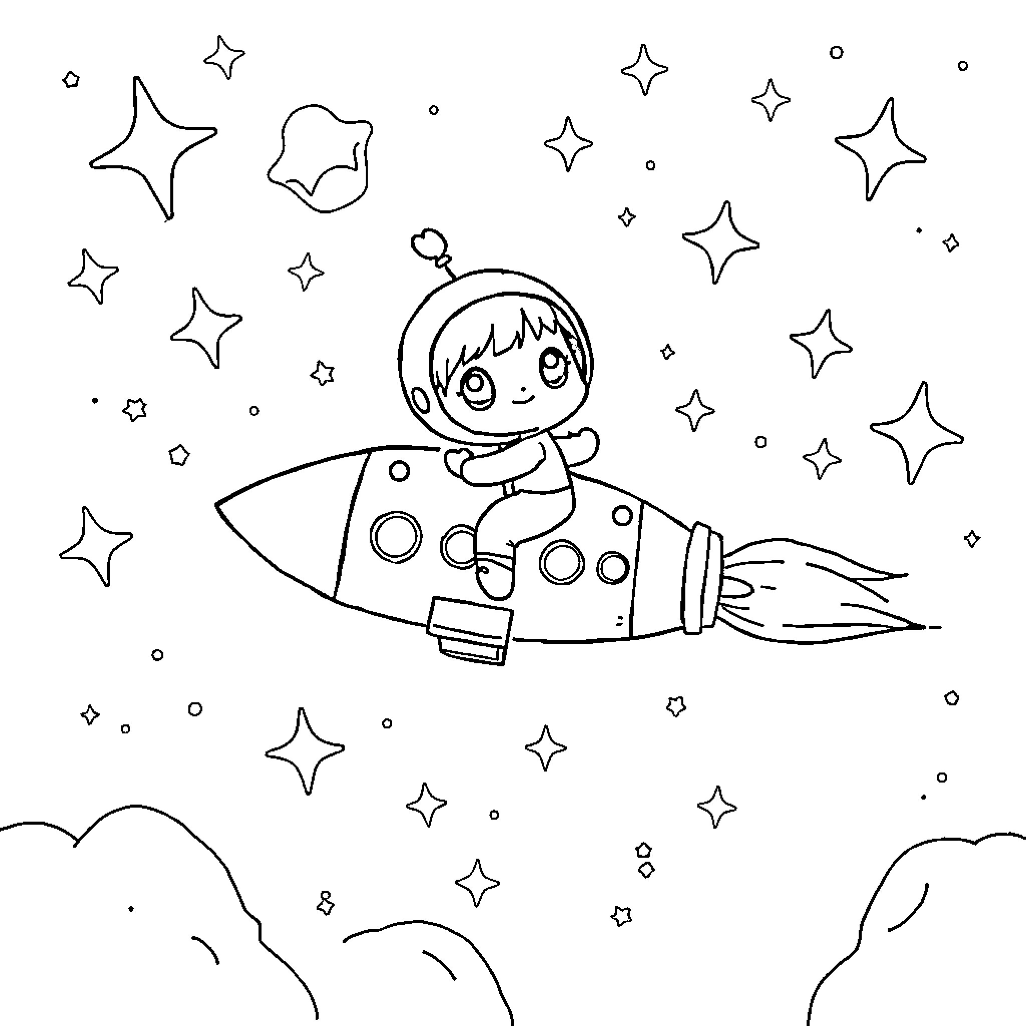 Minie's Spacefaring Adventure Coloring Page (free black-and-white line drawing printable PDF for all, from beginners to advanced learners, including children, teens, adults, and seniors)