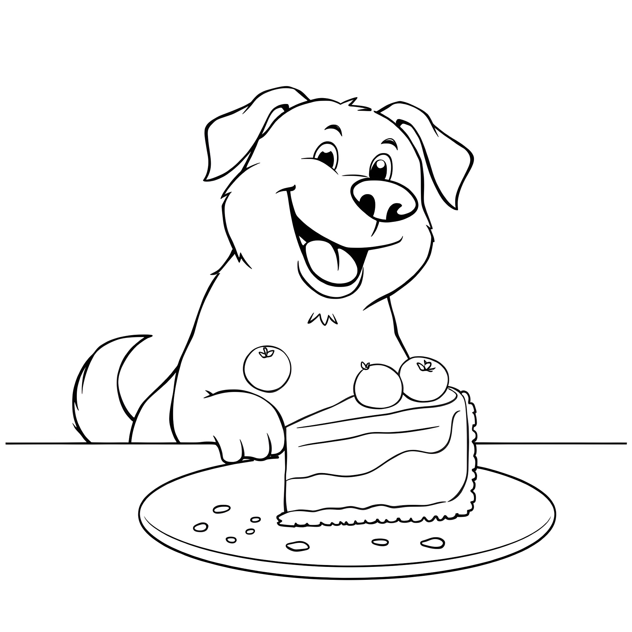 Dog enjoying a piece of cake Coloring Page (free black-and-white line drawing printable PDF for all, from beginners to advanced learners, including children, teens, adults, and seniors)