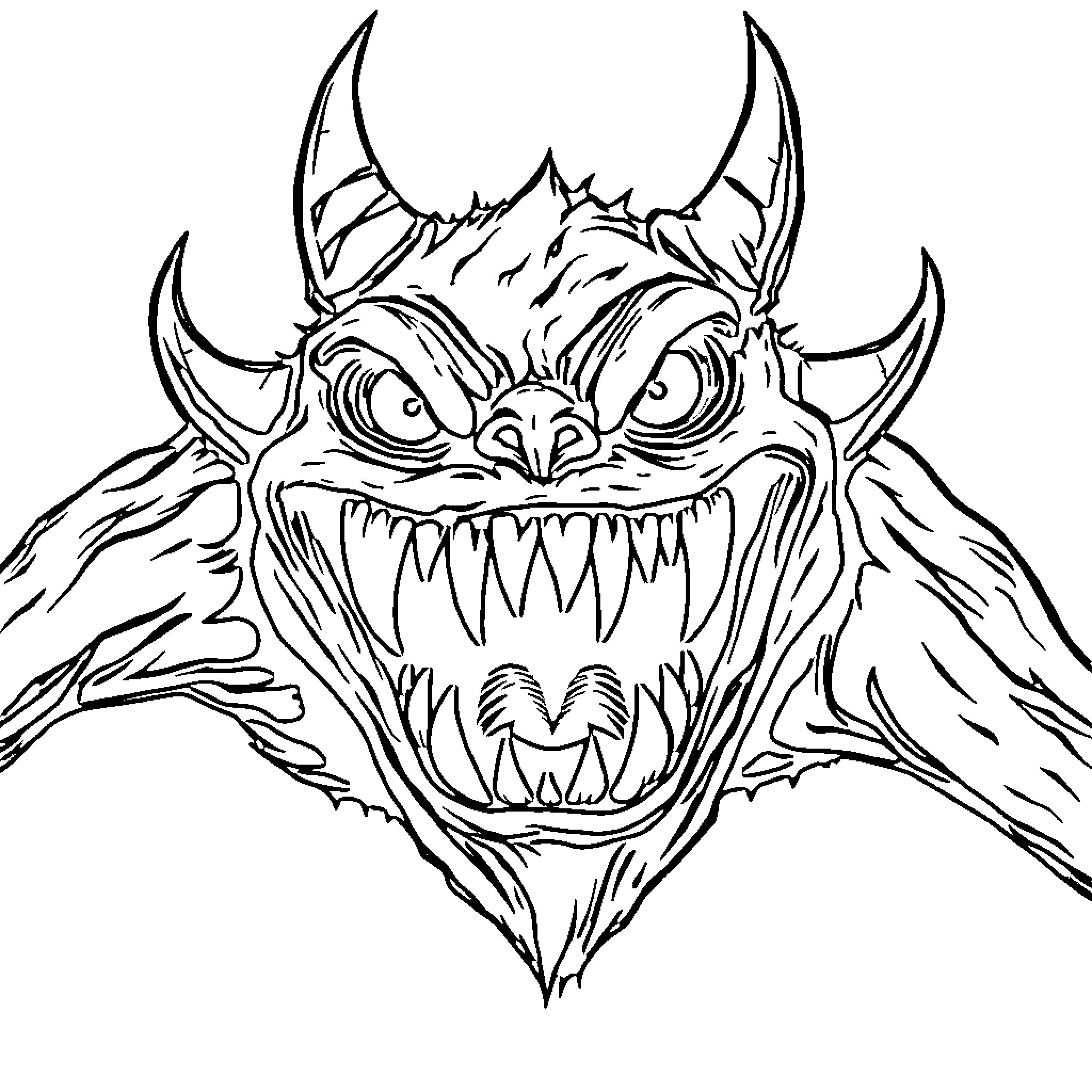Monster with Ferocious Expression and Sharp Fangs Coloring Page (free black-and-white line drawing printable PDF for all, from beginners to advanced learners, including children, teens, adults, and seniors)