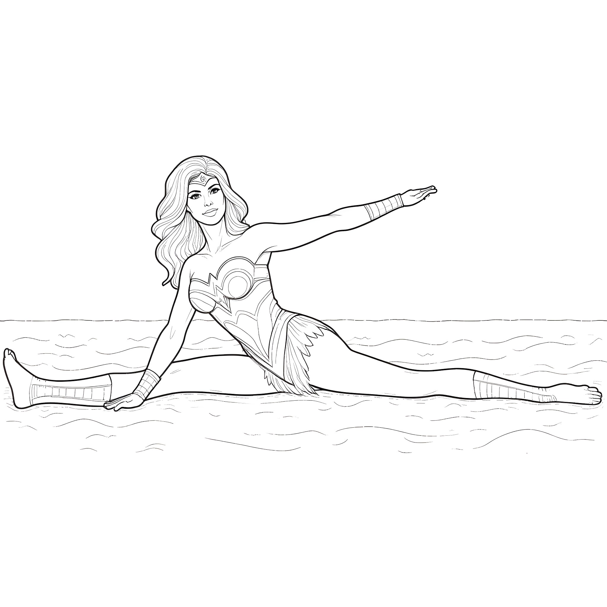 Wonder Woman striking heroic pose on the beach Coloring Page (free black-and-white line drawing printable PDF for all, from beginners to advanced learners, including children, teens, adults, and seniors)