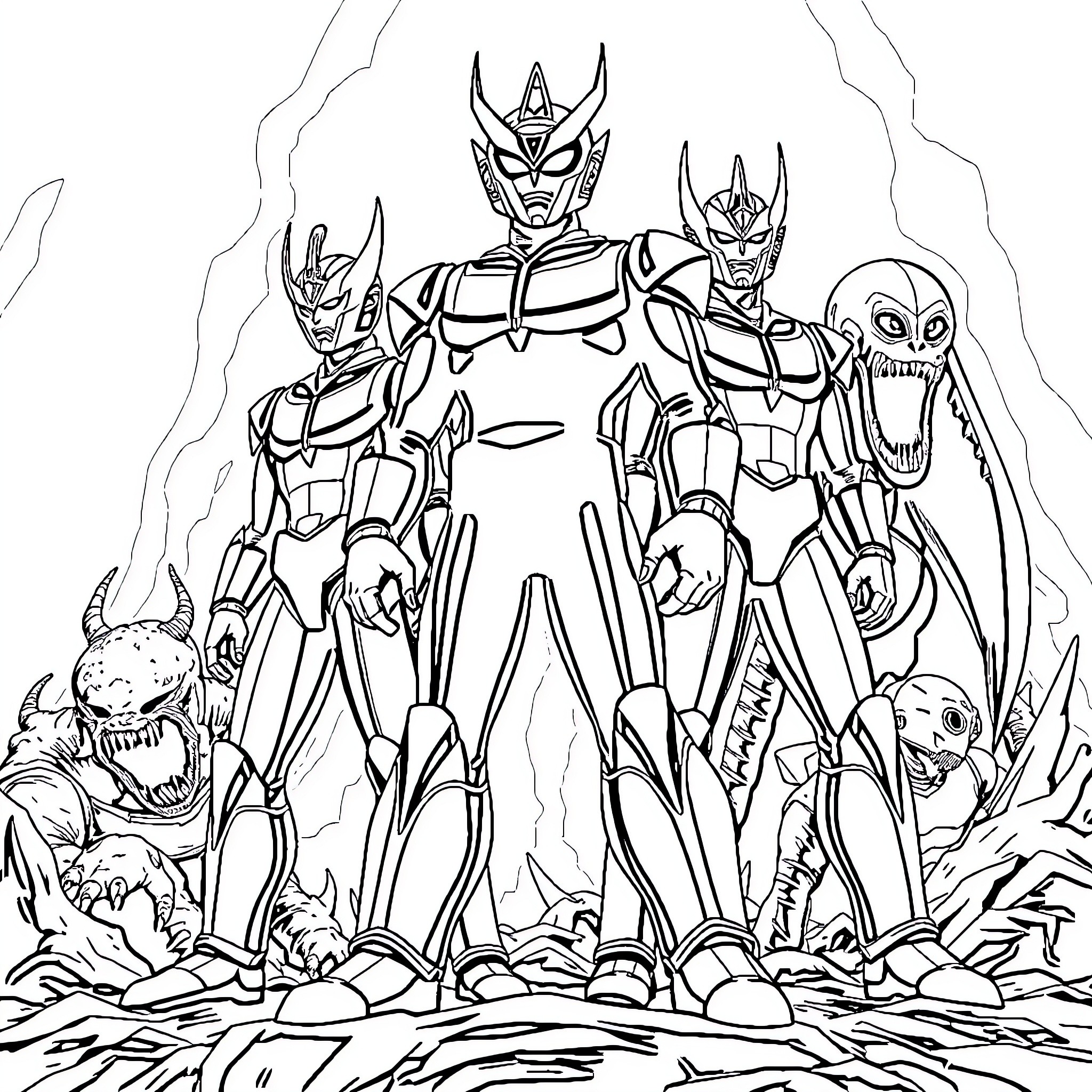 Ultraman warriors battle against monstrous foes Coloring Page (free black-and-white line drawing printable PDF for all, from beginners to advanced learners, including children, teens, adults, and seniors)