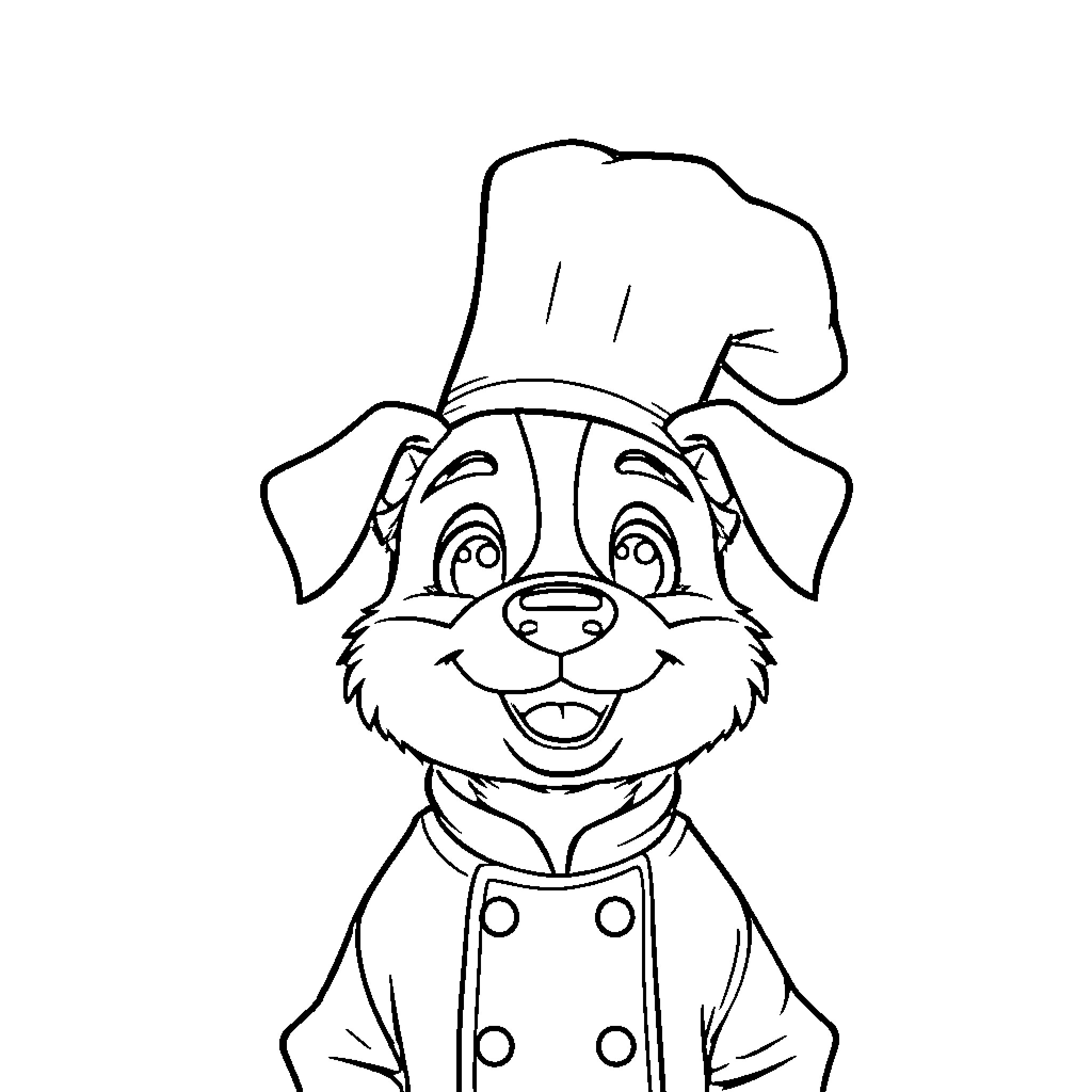 Dog Chef Cooking in the Kitchen Coloring Page (free black-and-white line drawing printable PDF for all, from beginners to advanced learners, including children, teens, adults, and seniors)