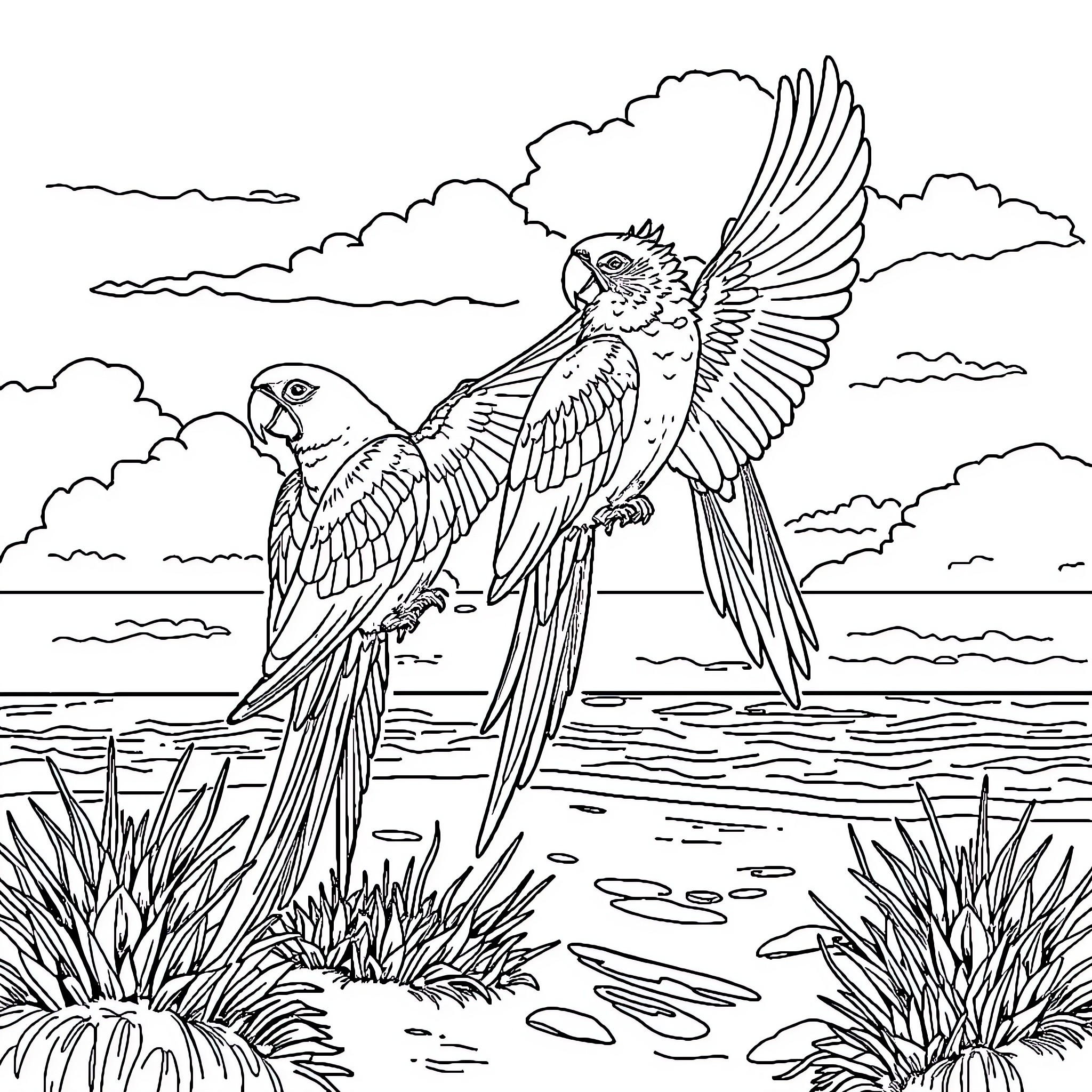 Parrot pair flying gracefully in the sky Coloring Page (free black-and-white line drawing printable PDF for all, from beginners to advanced learners, including children, teens, adults, and seniors)