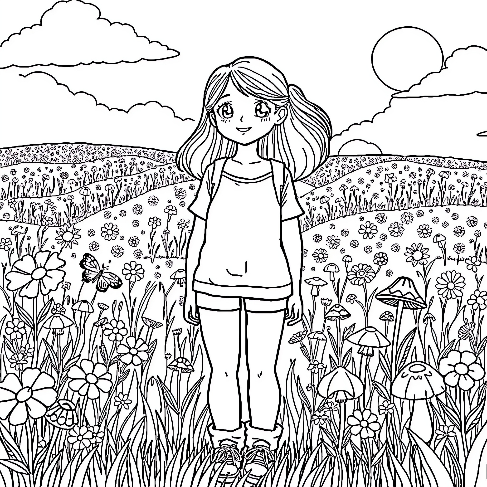 Girl standing in a flower-filled meadow Coloring Page (free black-and-white line drawing printable PDF for all, from beginners to advanced learners, including children, teens, adults, and seniors)