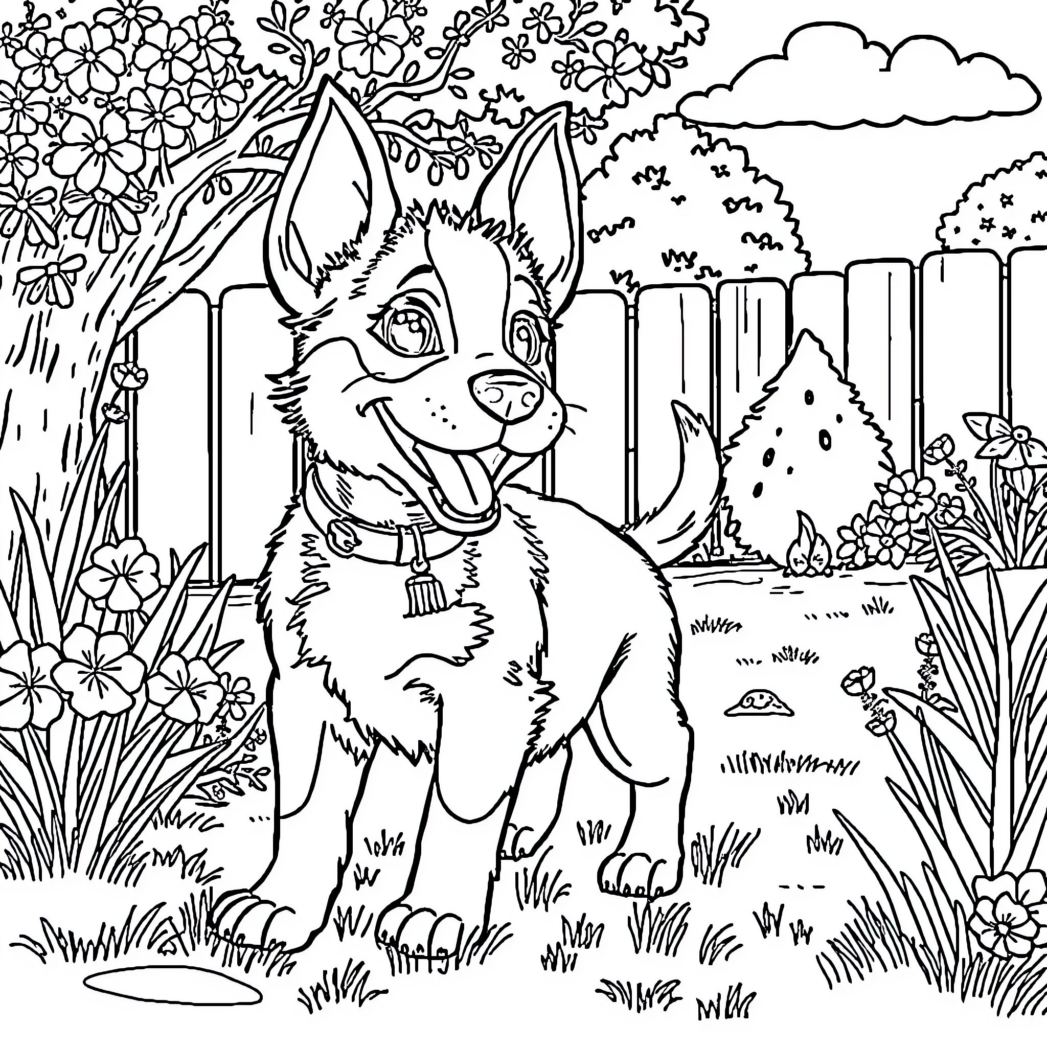 Bluey playing happily in the enchanted garden Coloring Page (free black-and-white line drawing printable PDF for all, from beginners to advanced learners, including children, teens, adults, and seniors)