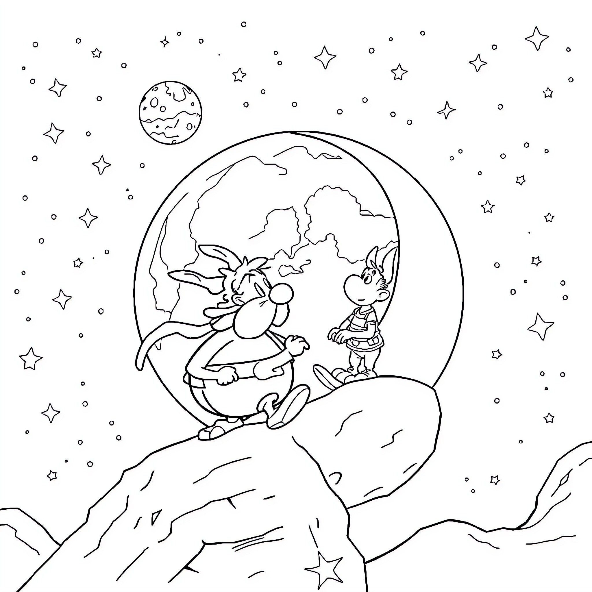Asterix and Obelix exploring the cosmos Coloring Page (free black-and-white line drawing printable PDF for all, from beginners to advanced learners, including children, teens, adults, and seniors)