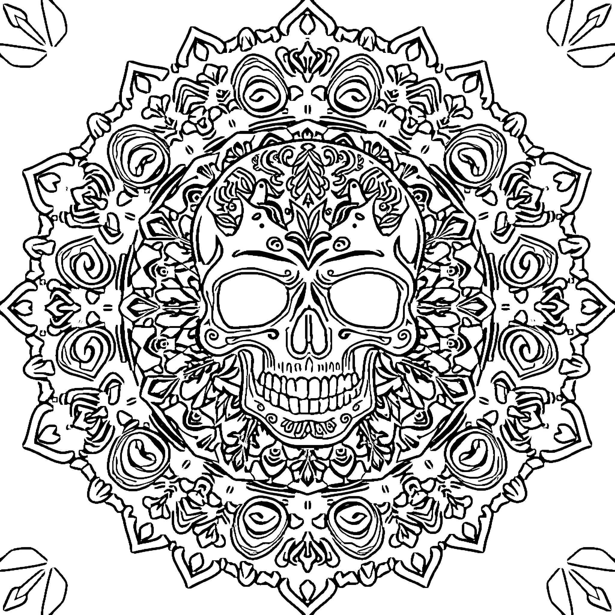 Skull in ornate floral mandala pattern Coloring Page (free black-and-white line drawing printable PDF for all, from beginners to advanced learners, including children, teens, adults, and seniors)