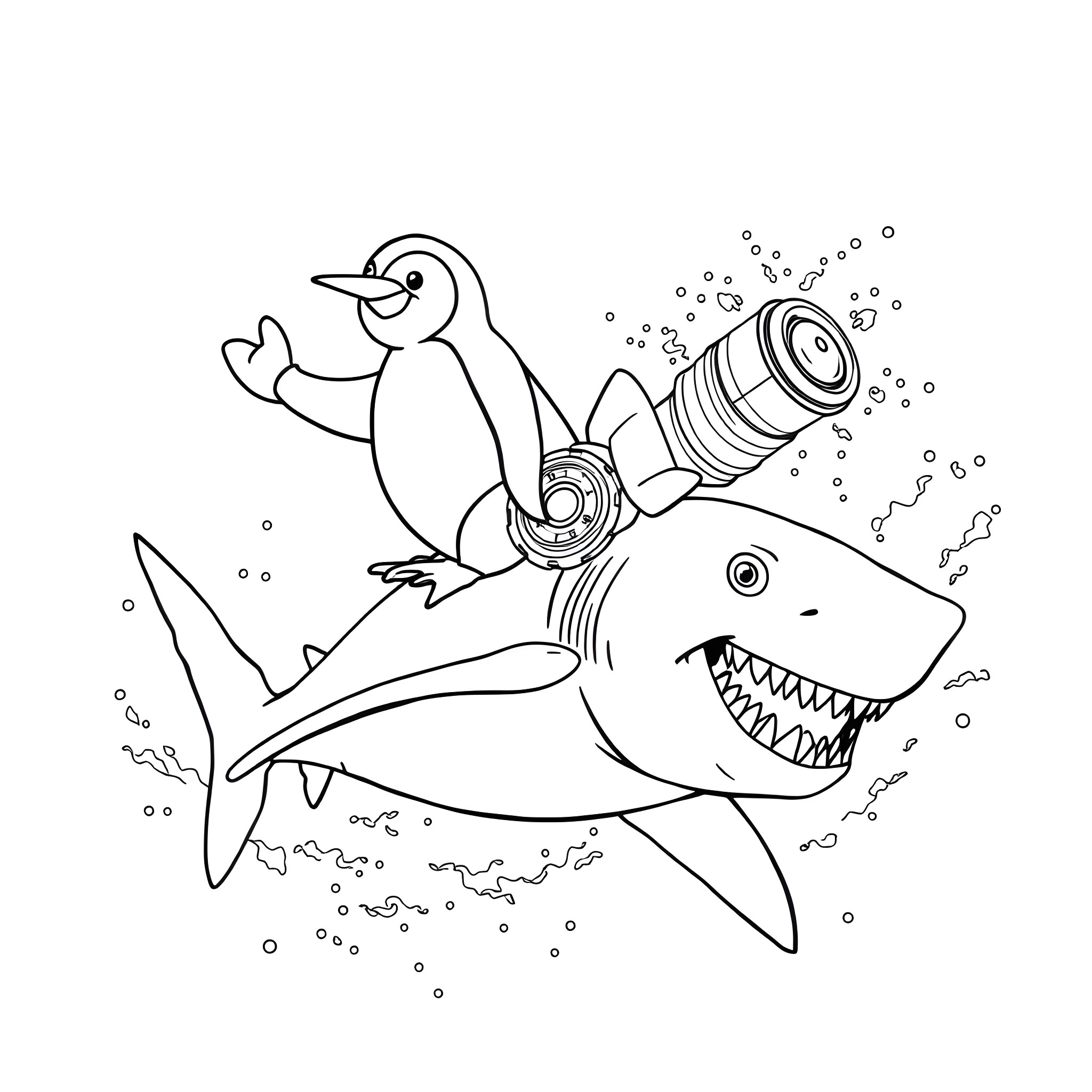 Penguin riding playfully on shark in underwater scene Coloring Page (free black-and-white line drawing printable PDF for all, from beginners to advanced learners, including children, teens, adults, and seniors)