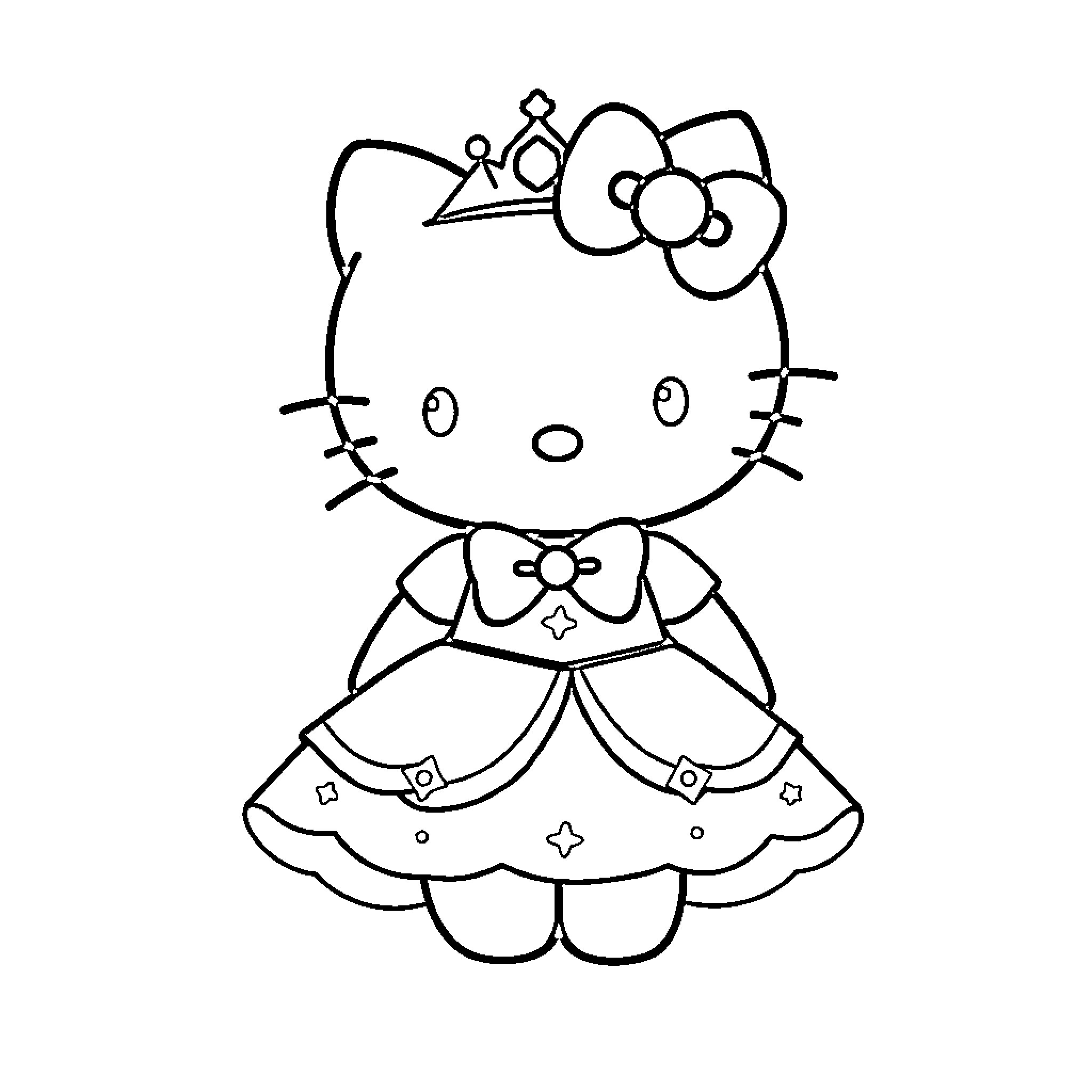 Hello Kitty dressed as a princess Coloring Page (free black-and-white line drawing printable PDF for all, from beginners to advanced learners, including children, teens, adults, and seniors)