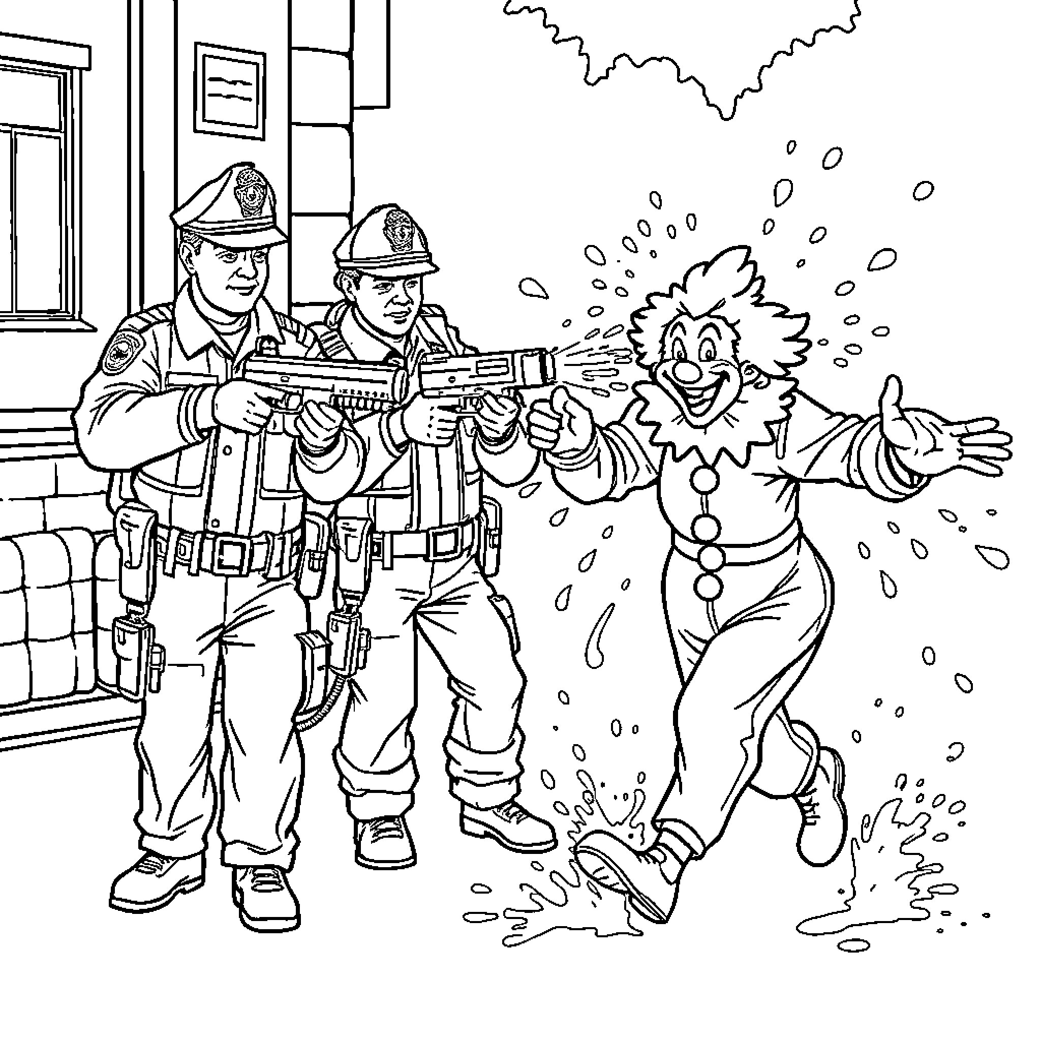 Police Confront Clown in Confrontation Coloring Page (free black-and-white line drawing printable PDF for all, from beginners to advanced learners, including children, teens, adults, and seniors)