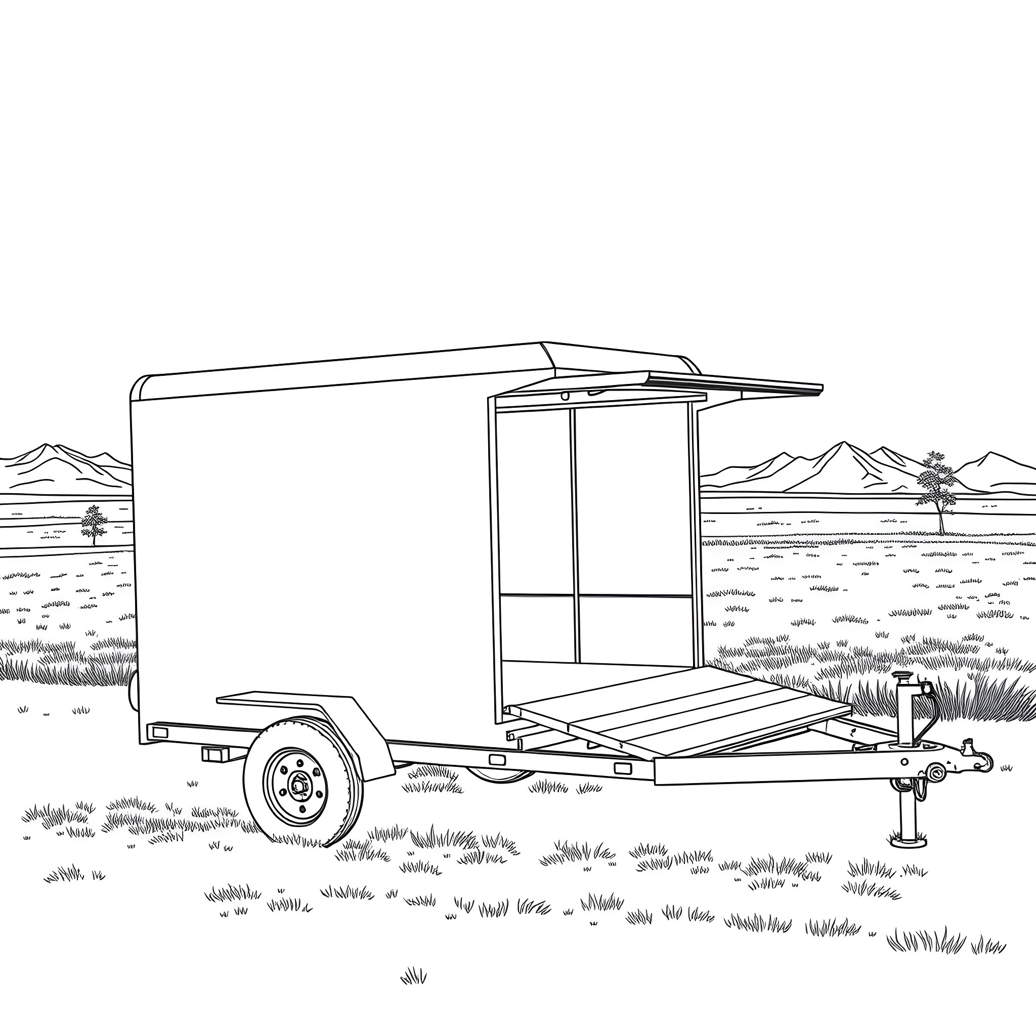 Car Trailer Transporting Goods in Rural Landscape Coloring Page (free black-and-white line drawing printable PDF for all, from beginners to advanced learners, including children, teens, adults, and seniors)