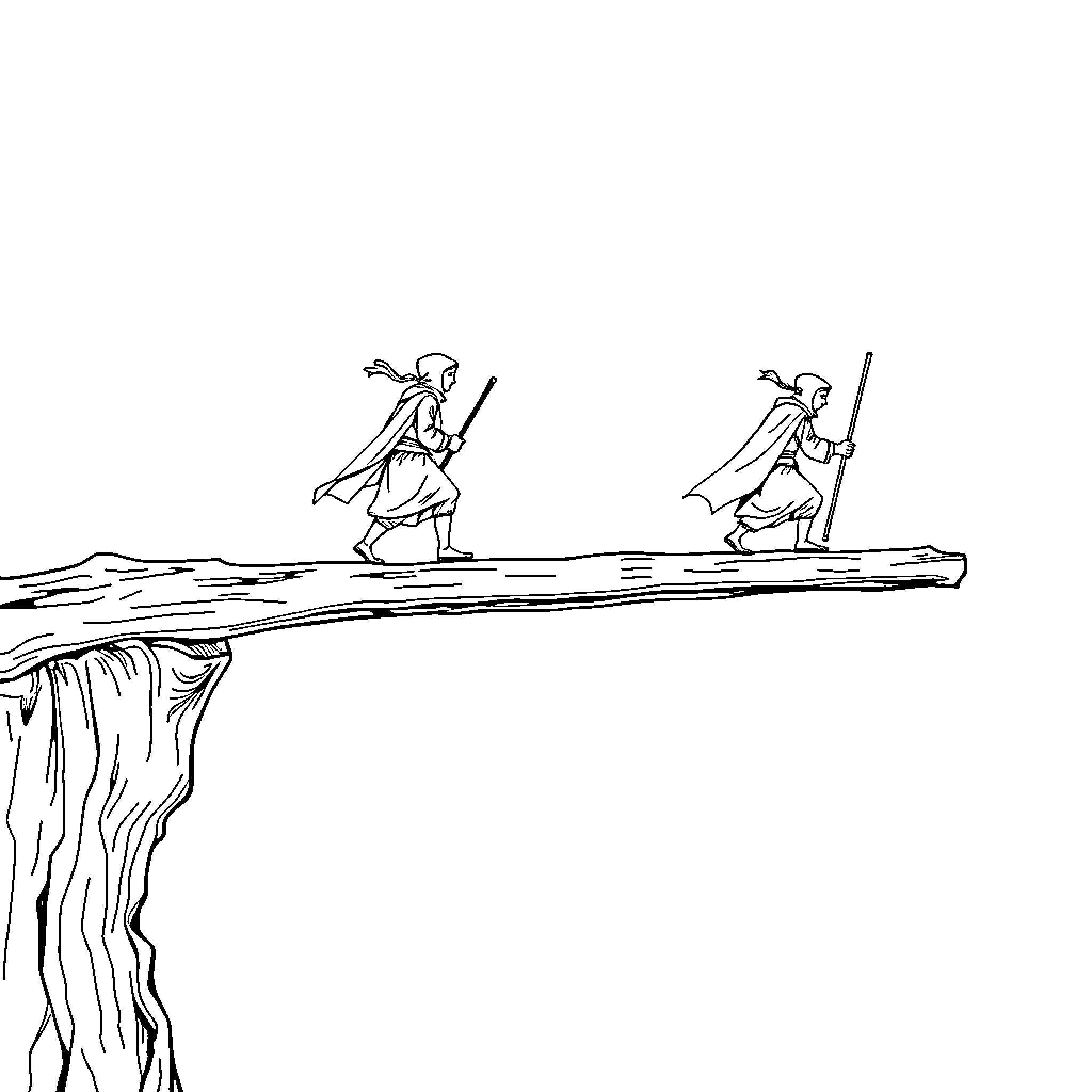 Ninja warriors balancing on cliff's edge Coloring Page (free black-and-white line drawing printable PDF for all, from beginners to advanced learners, including children, teens, adults, and seniors)