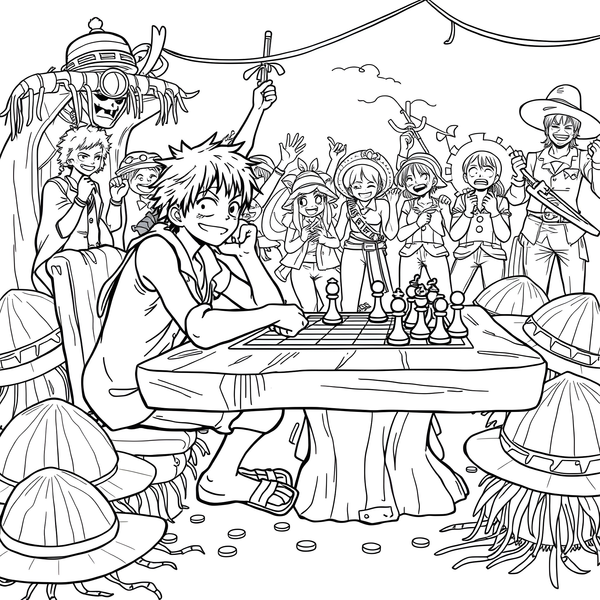 Monkey D Luffy playing chess with friends in a festive setting Coloring Page (free black-and-white line drawing printable PDF for all, from beginners to advanced learners, including children, teens, adults, and seniors)
