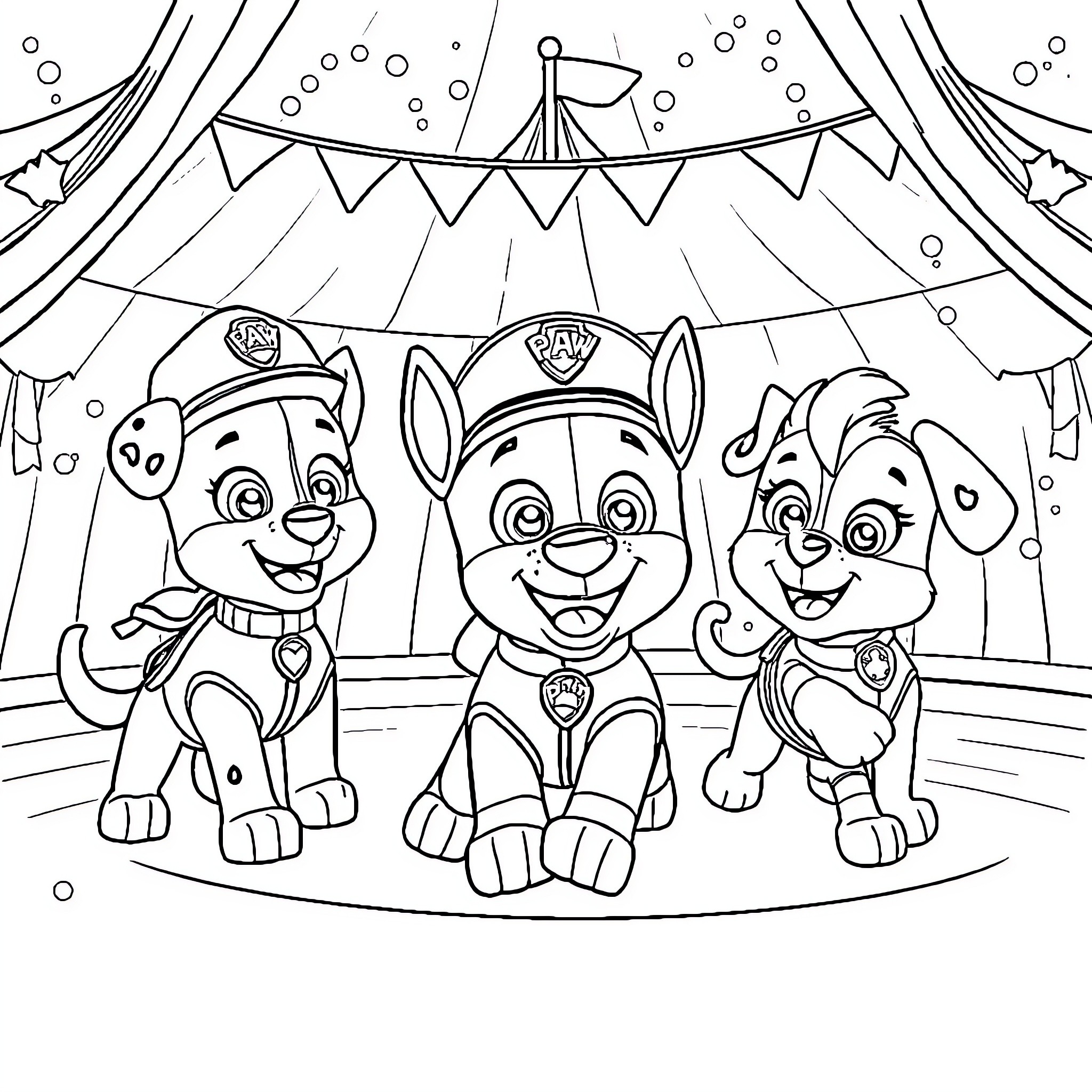Paw Patrol Puppies Performing at Circus Show Coloring Page (free black-and-white line drawing printable PDF for all, from beginners to advanced learners, including children, teens, adults, and seniors)
