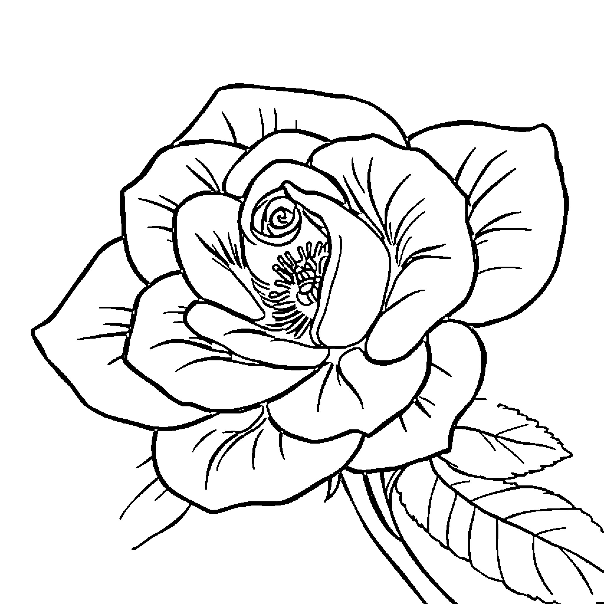 Rose in Bloom Coloring Page (free black-and-white line drawing printable PDF for all, from beginners to advanced learners, including children, teens, adults, and seniors)