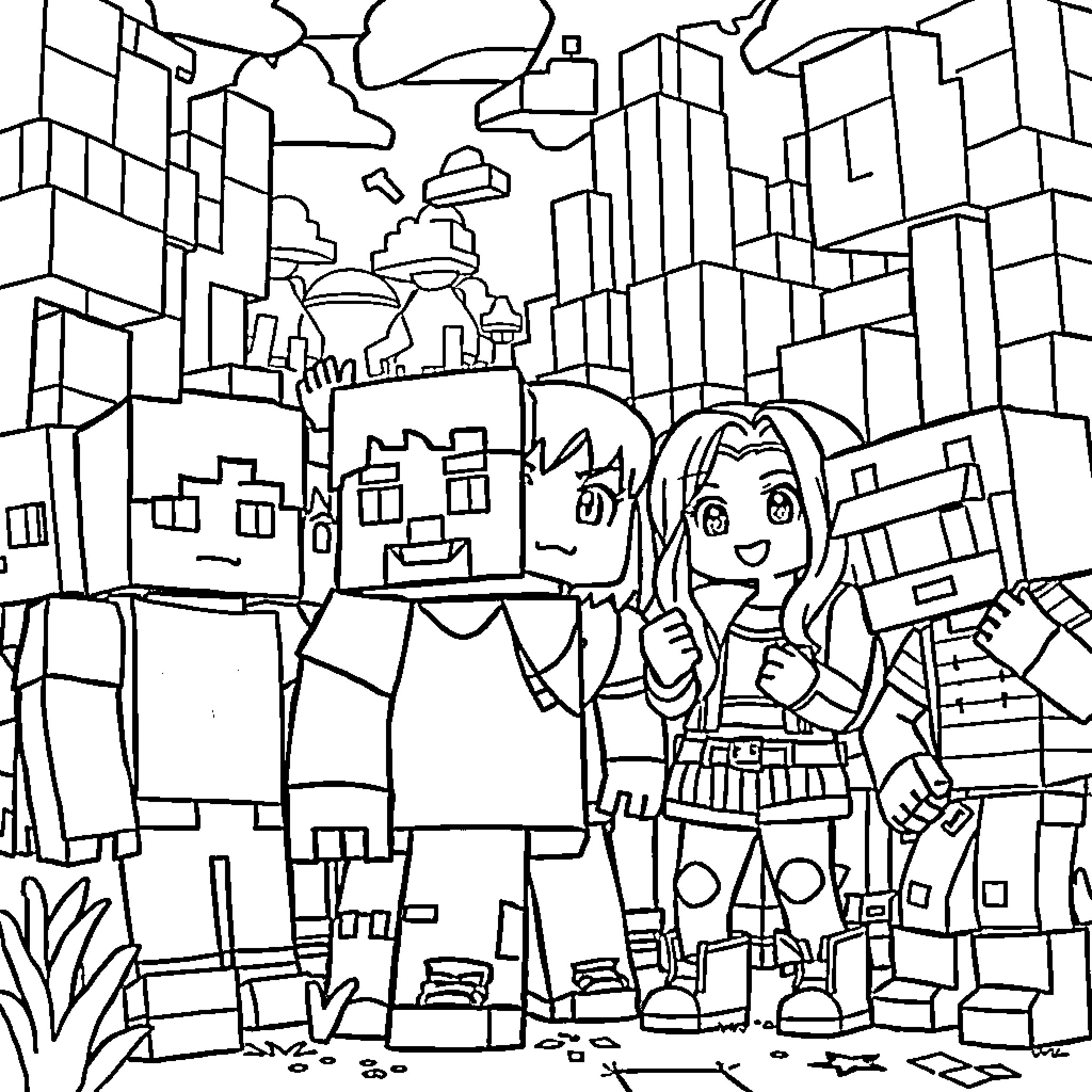 Minecraft characters exploring a city landscape Coloring Page (free black-and-white line drawing printable PDF for all, from beginners to advanced learners, including children, teens, adults, and seniors)