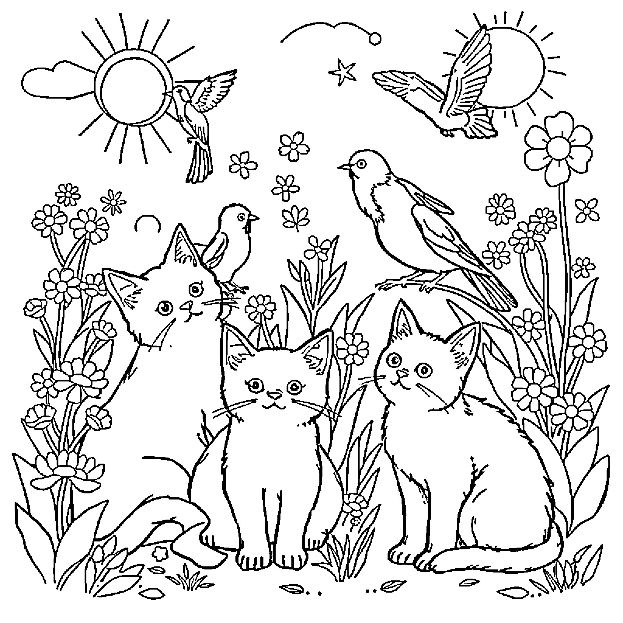 Cat friends in a flower-filled garden Coloring Page (free black-and-white line drawing printable PDF for all, from beginners to advanced learners, including children, teens, adults, and seniors)