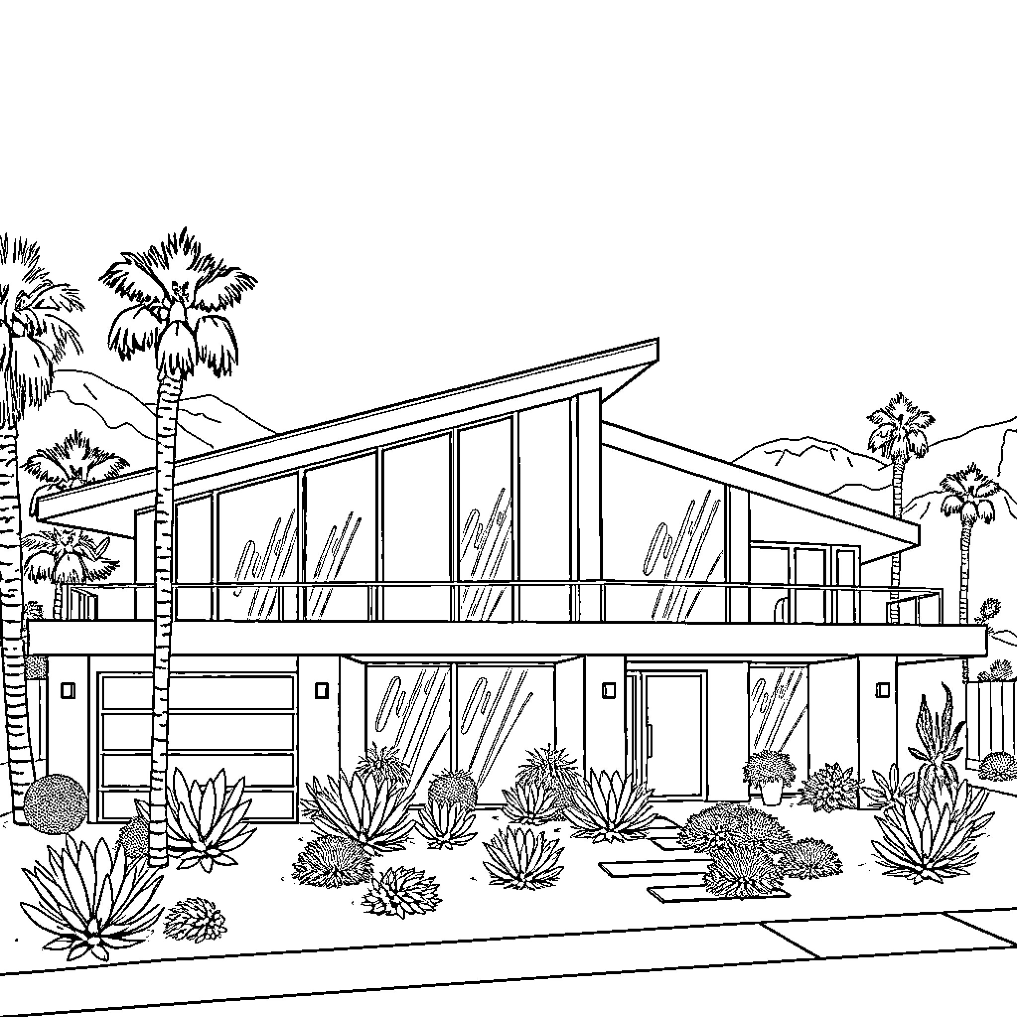 House with modern architecture and desert landscape Coloring Page (free black-and-white line drawing printable PDF for all, from beginners to advanced learners, including children, teens, adults, and seniors)