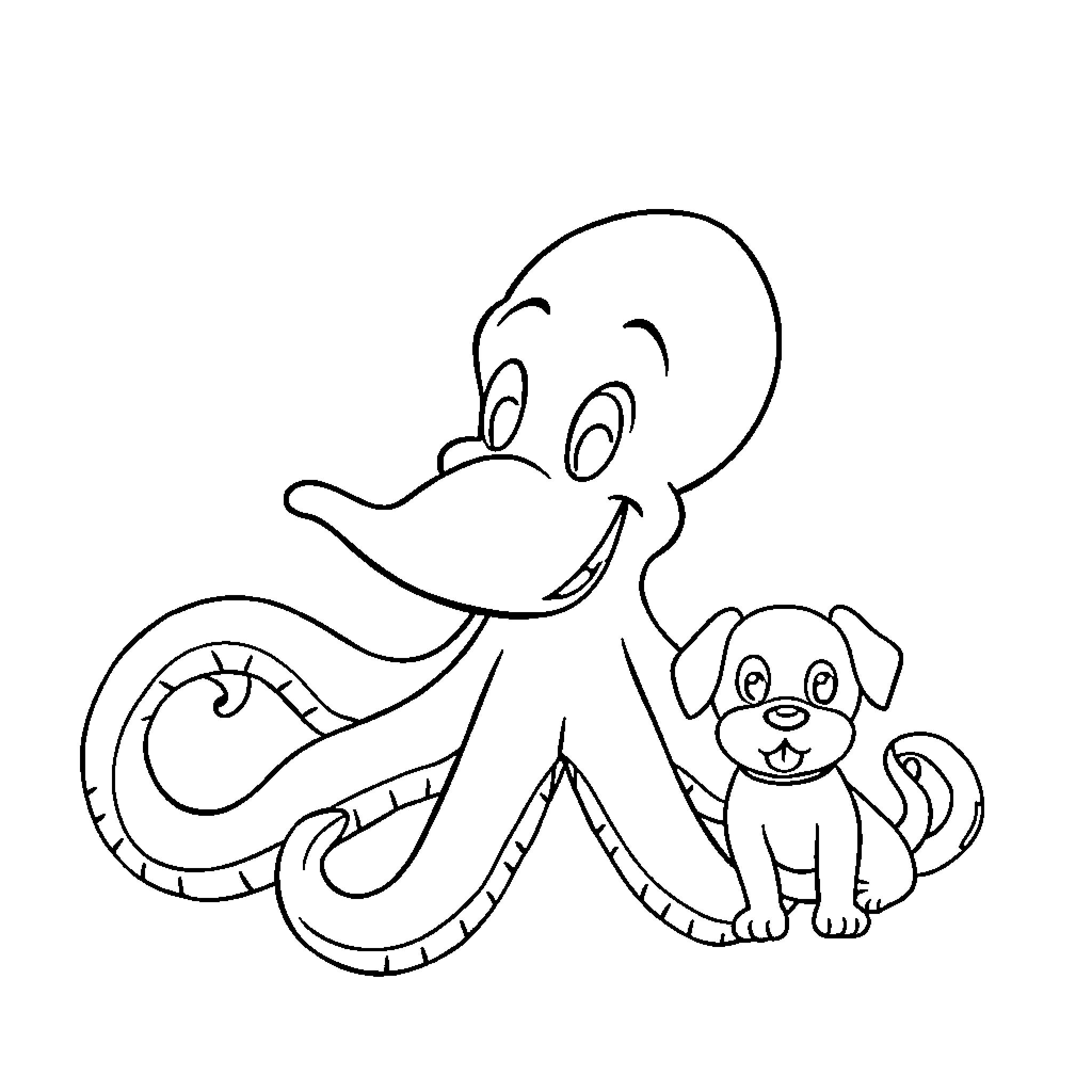 Oswald the Friendly Octopus and His Playful Puppy Coloring Page (free black-and-white line drawing printable PDF for all, from beginners to advanced learners, including children, teens, adults, and seniors)