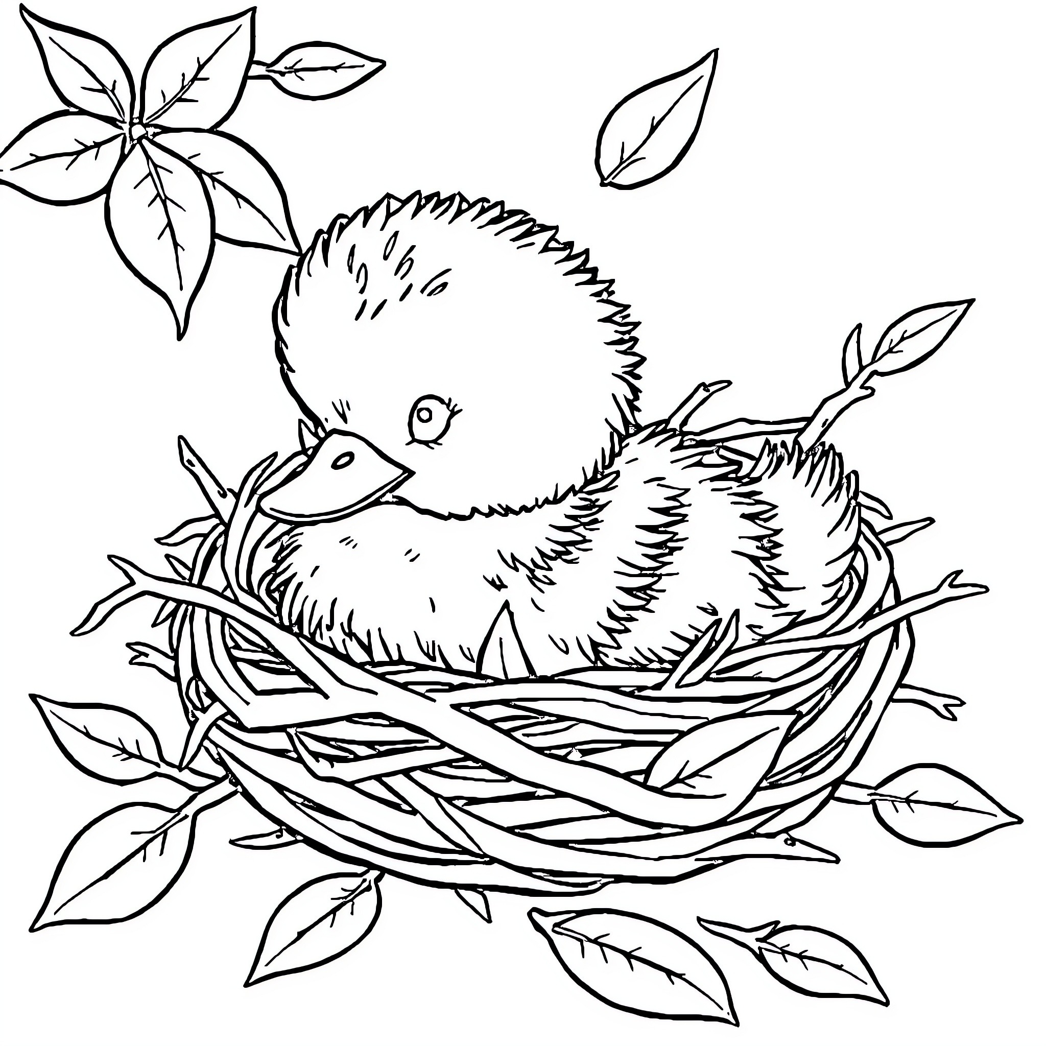 Duck nestled in leafy nest Coloring Page (free black-and-white line drawing printable PDF for all, from beginners to advanced learners, including children, teens, adults, and seniors)