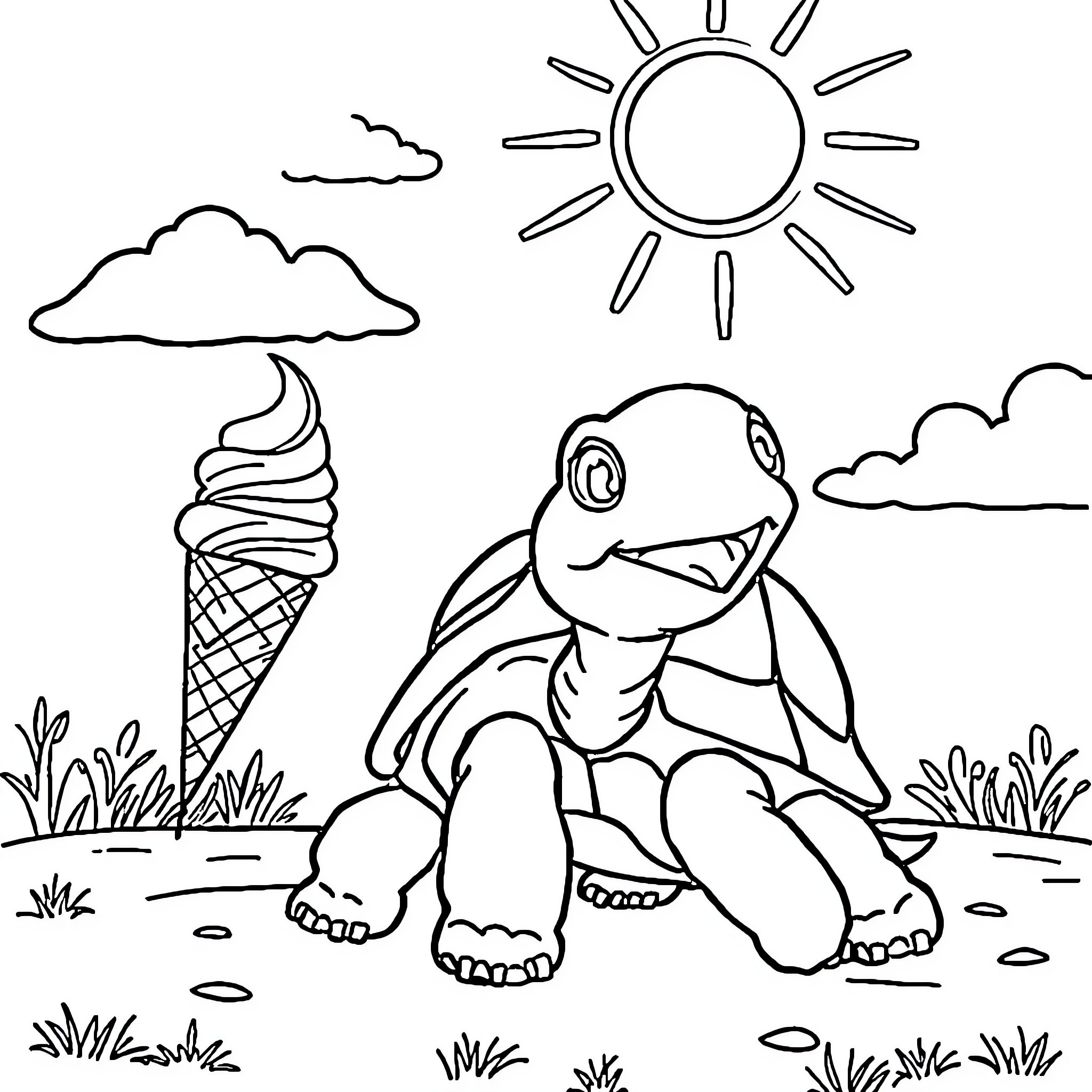 Turtle enjoying a sunny day in the outdoors Coloring Page (free black-and-white line drawing printable PDF for all, from beginners to advanced learners, including children, teens, adults, and seniors)