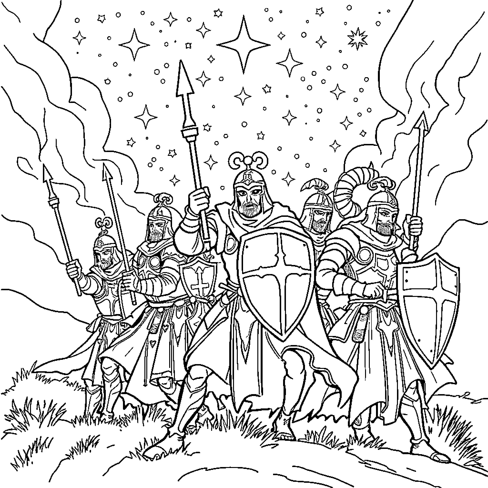 Knight leading army into battle under starry sky Coloring Page (free black-and-white line drawing printable PDF for all, from beginners to advanced learners, including children, teens, adults, and seniors)