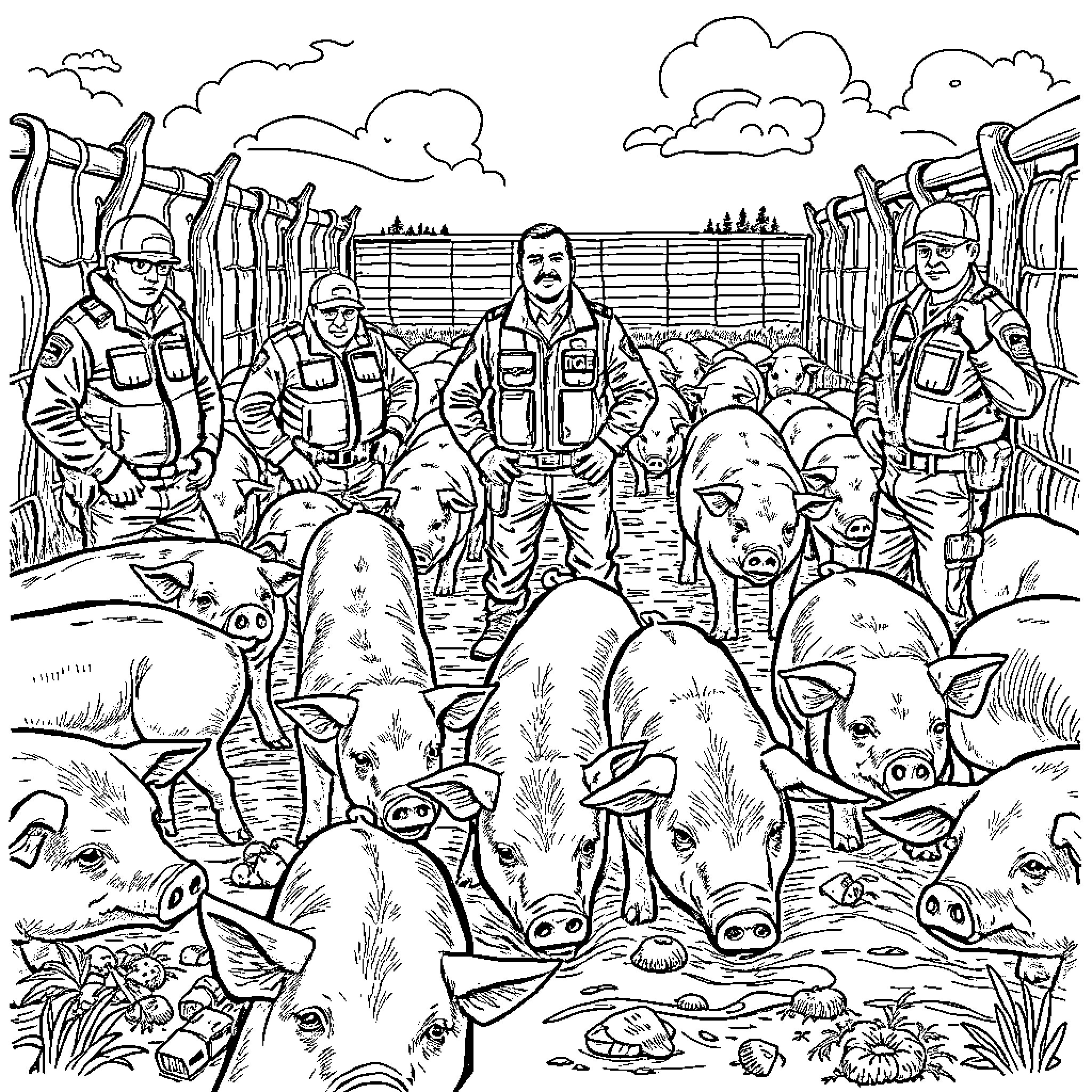 Ice Agent inspects team of animal handlers in rural enclosure Coloring Page (free black-and-white line drawing printable PDF for all, from beginners to advanced learners, including children, teens, adults, and seniors)