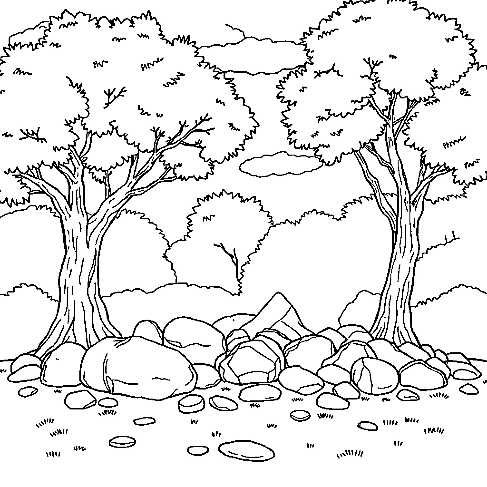 Perdiz in the Serene Forest Landscape Coloring Page (free black-and-white line drawing printable PDF for all, from beginners to advanced learners, including children, teens, adults, and seniors)
