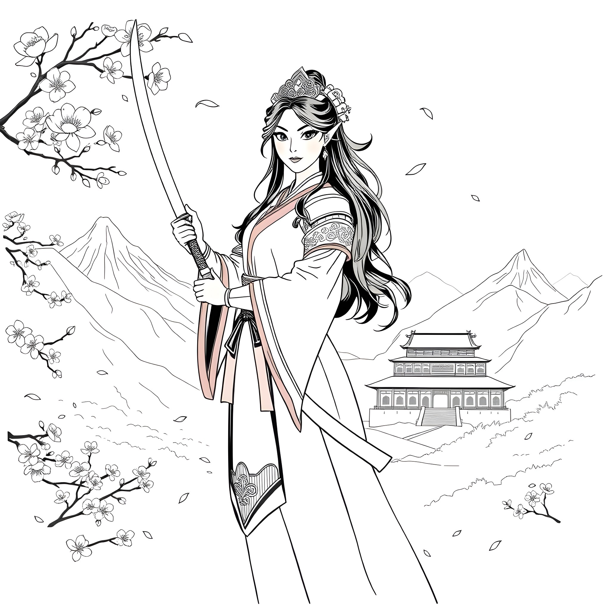 Mulan - Brave warrior princess in scenic landscape Coloring Page (free black-and-white line drawing printable PDF for all, from beginners to advanced learners, including children, teens, adults, and seniors)