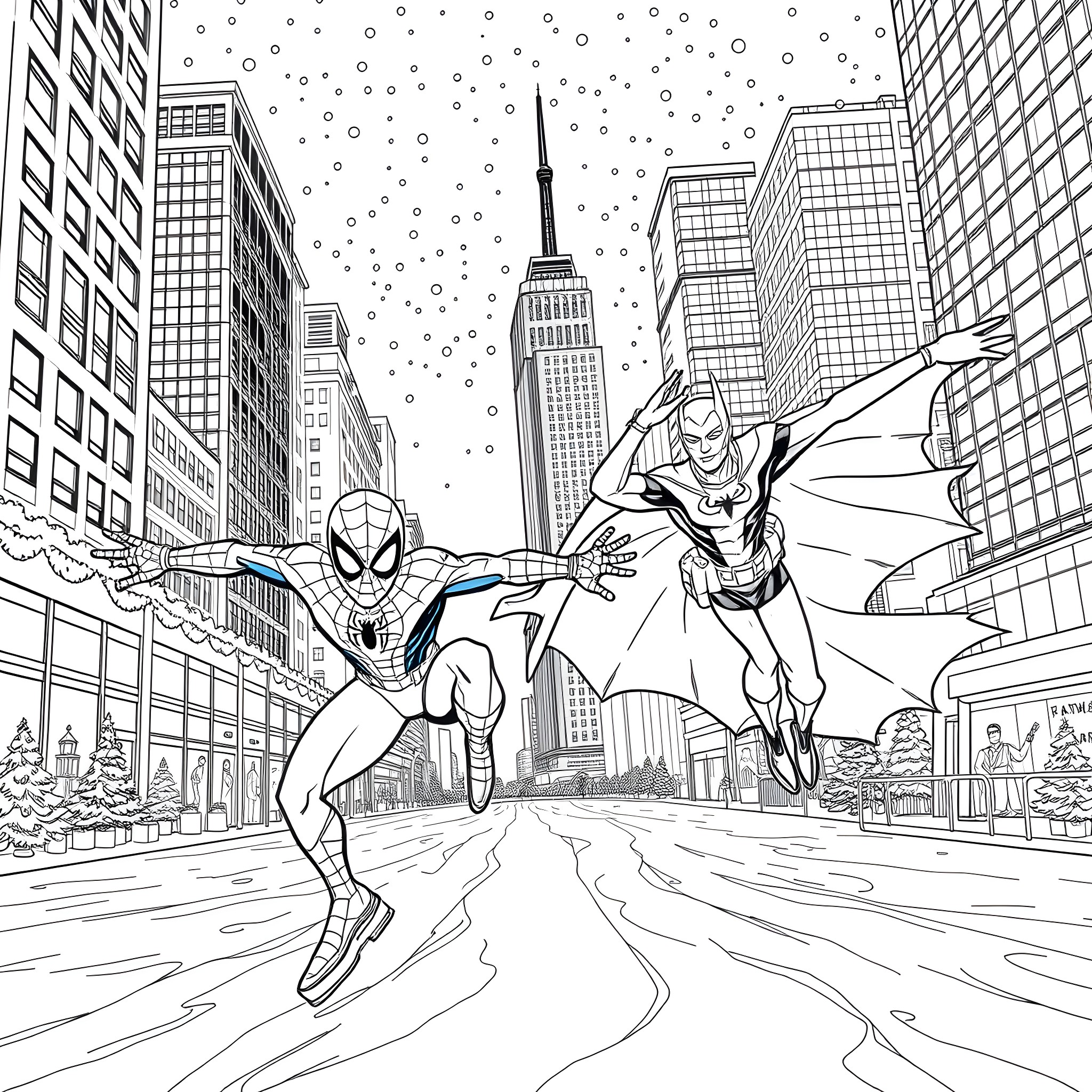 Spider-Man and Iron Spider swinging through the city Coloring Page (free black-and-white line drawing printable PDF for all, from beginners to advanced learners, including children, teens, adults, and seniors)