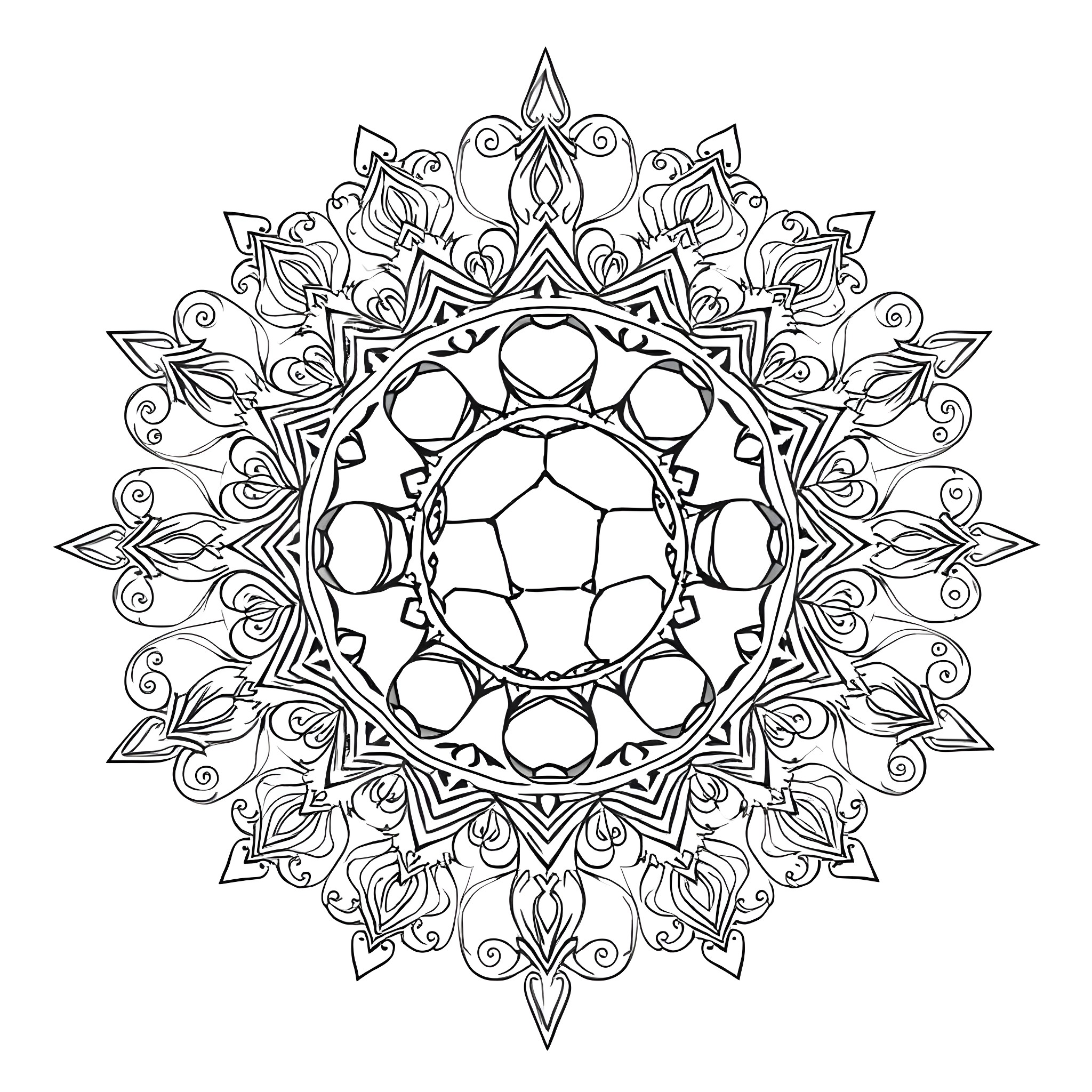 Mandala of intricate floral patterns and geometric shapes Coloring Page (free black-and-white line drawing printable PDF for all, from beginners to advanced learners, including children, teens, adults, and seniors)