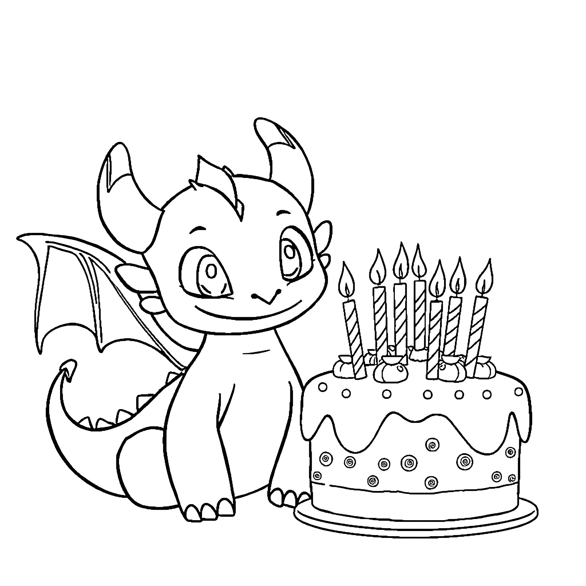 Toothless enjoying a birthday cake with candles Coloring Page (free black-and-white line drawing printable PDF for all, from beginners to advanced learners, including children, teens, adults, and seniors)