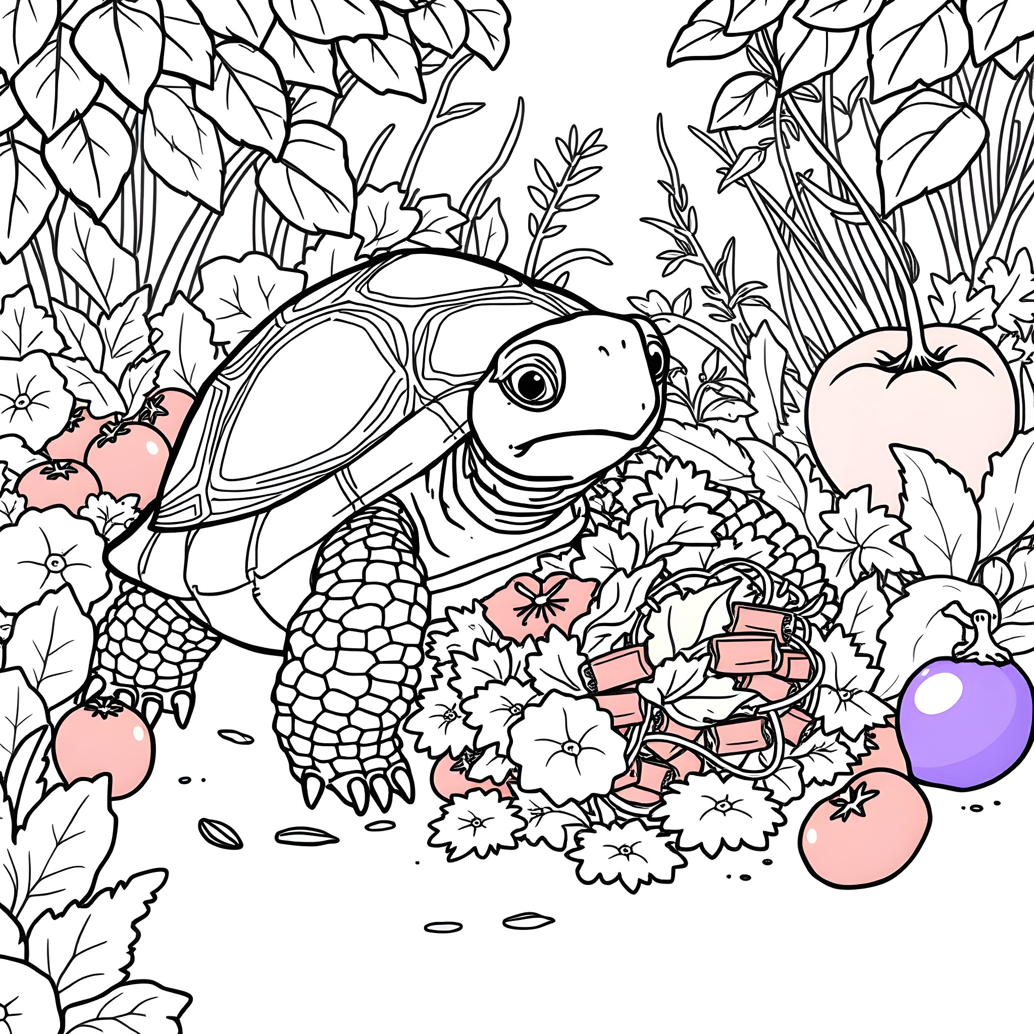 Tortoise exploring the lush floral garden Coloring Page (free black-and-white line drawing printable PDF for all, from beginners to advanced learners, including children, teens, adults, and seniors)