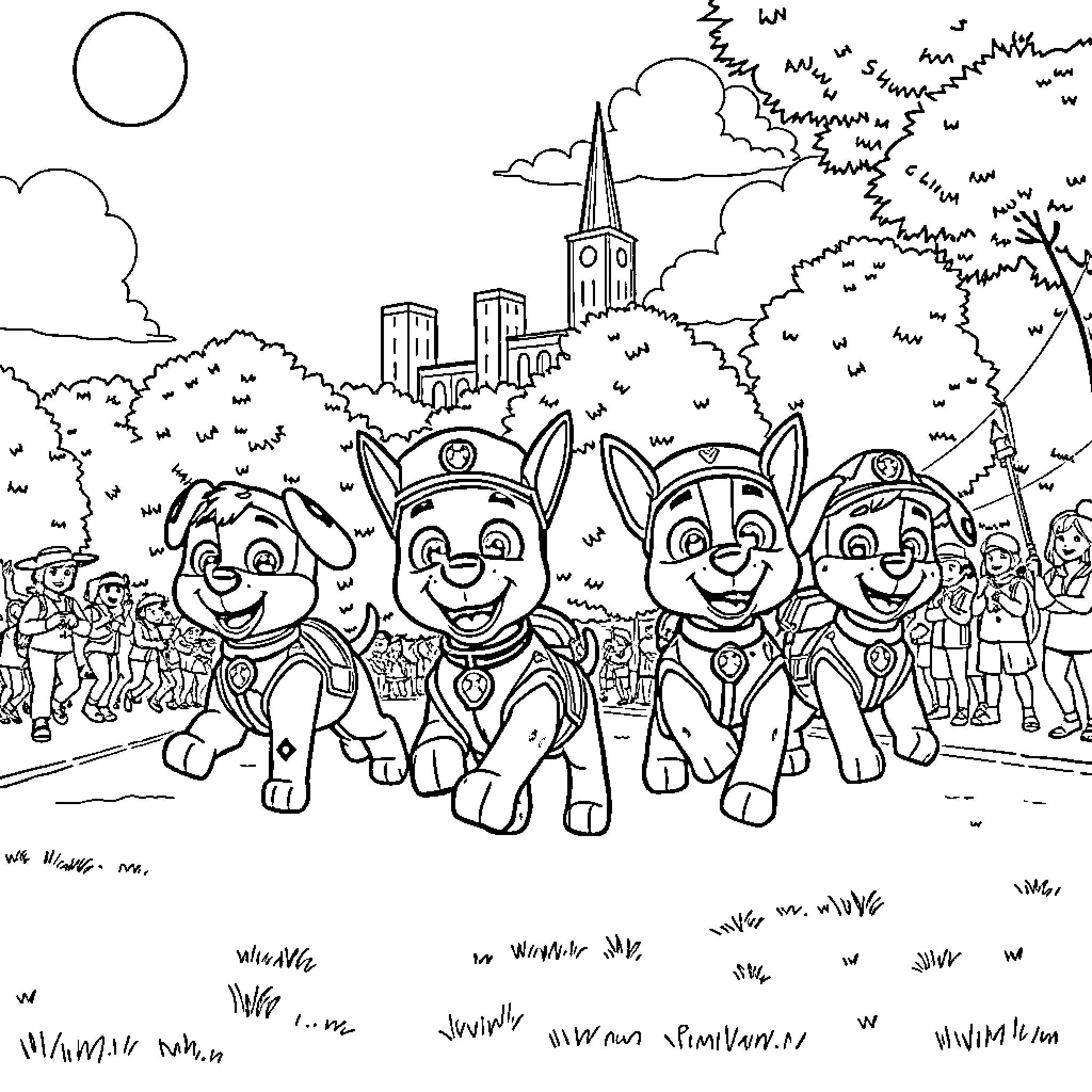 Paw Patrol characters on an adventure Coloring Page (free black-and-white line drawing printable PDF for all, from beginners to advanced learners, including children, teens, adults, and seniors)