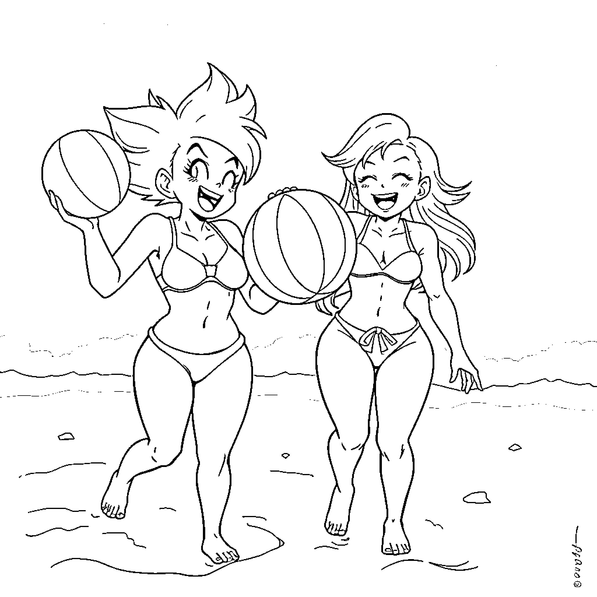 Bulma and friend playing with beach ball in swimsuits Coloring Page (free black-and-white line drawing printable PDF for all, from beginners to advanced learners, including children, teens, adults, and seniors)