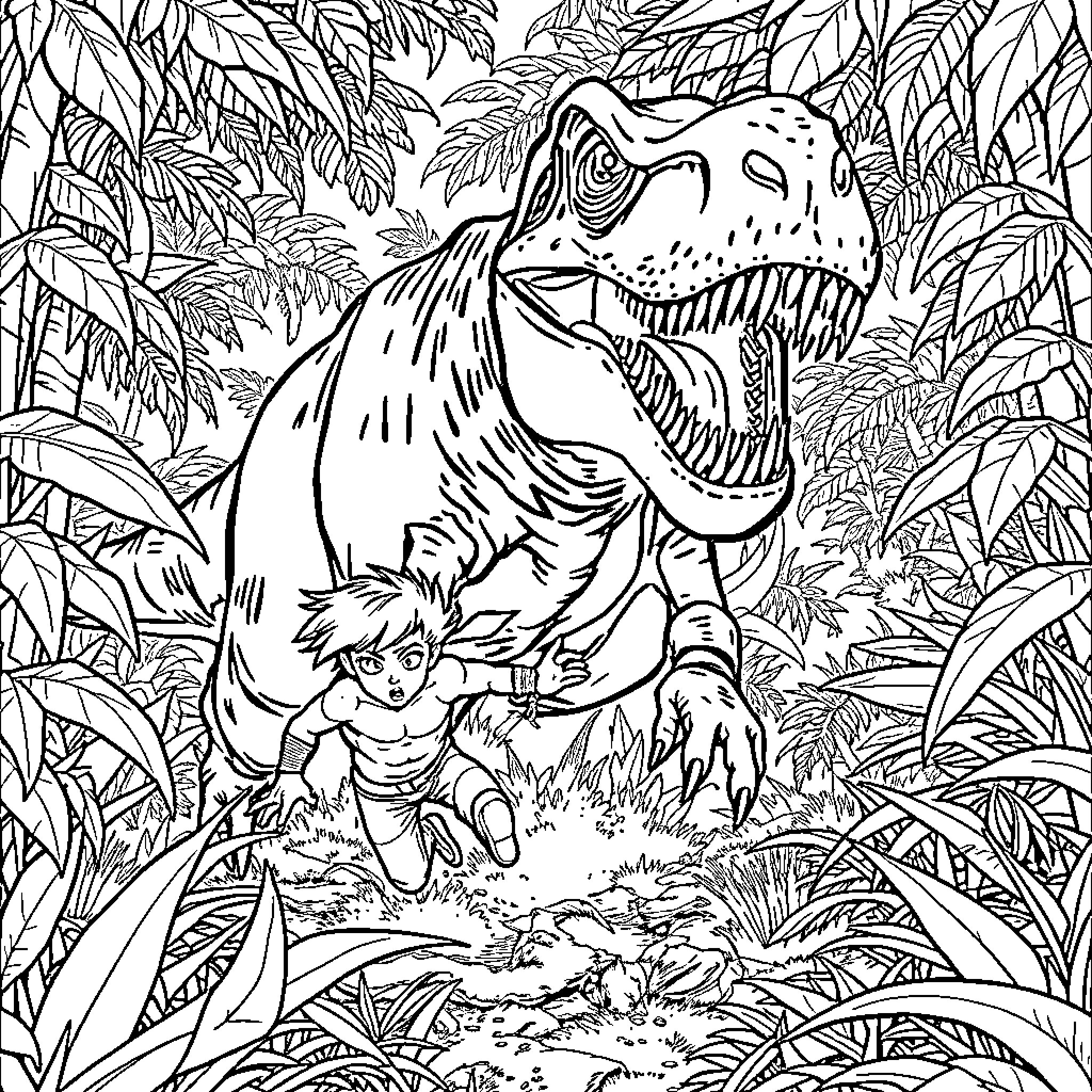 T-Rex chasing a person in the jungle Coloring Page (free black-and-white line drawing printable PDF for all, from beginners to advanced learners, including children, teens, adults, and seniors)